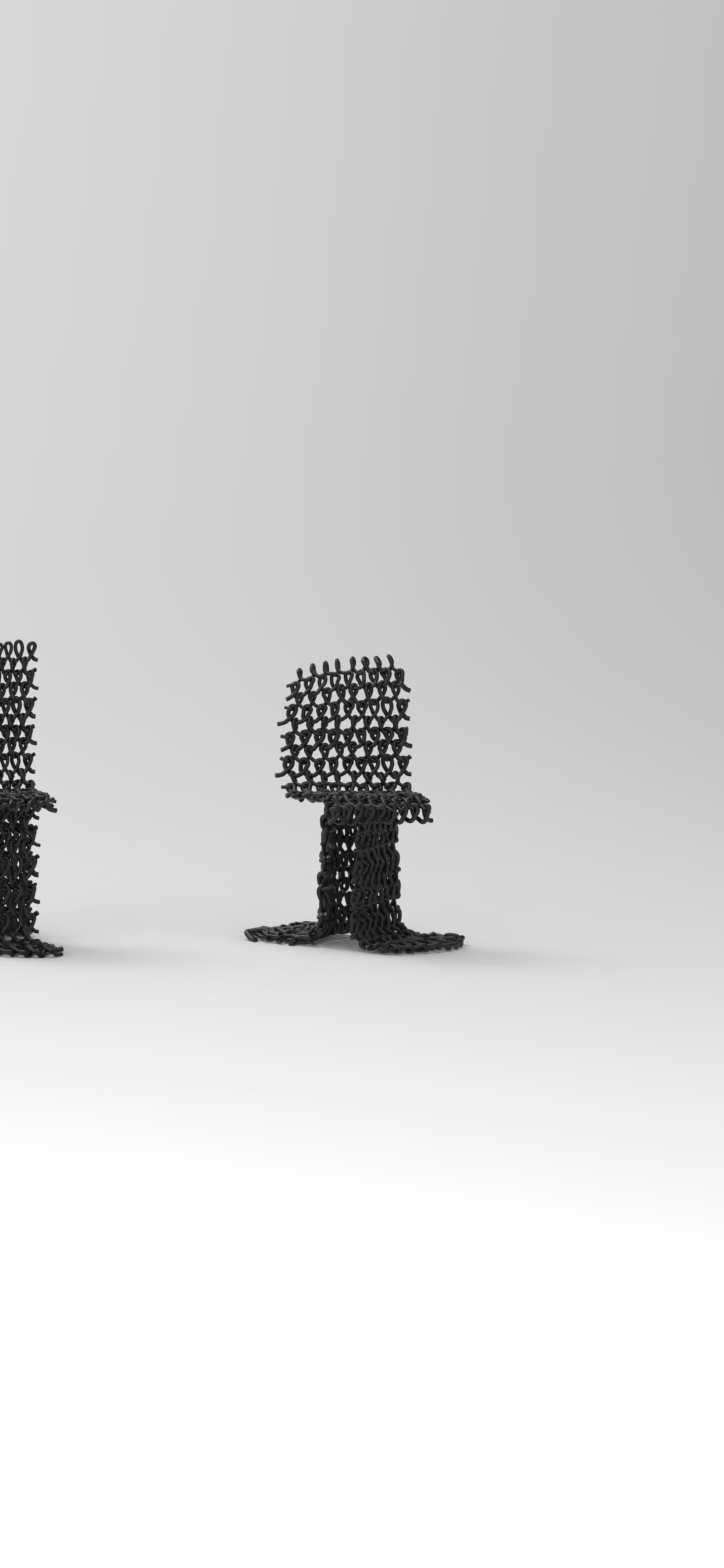 Five black 3D printed woven chairs in various shapes presented in a row.