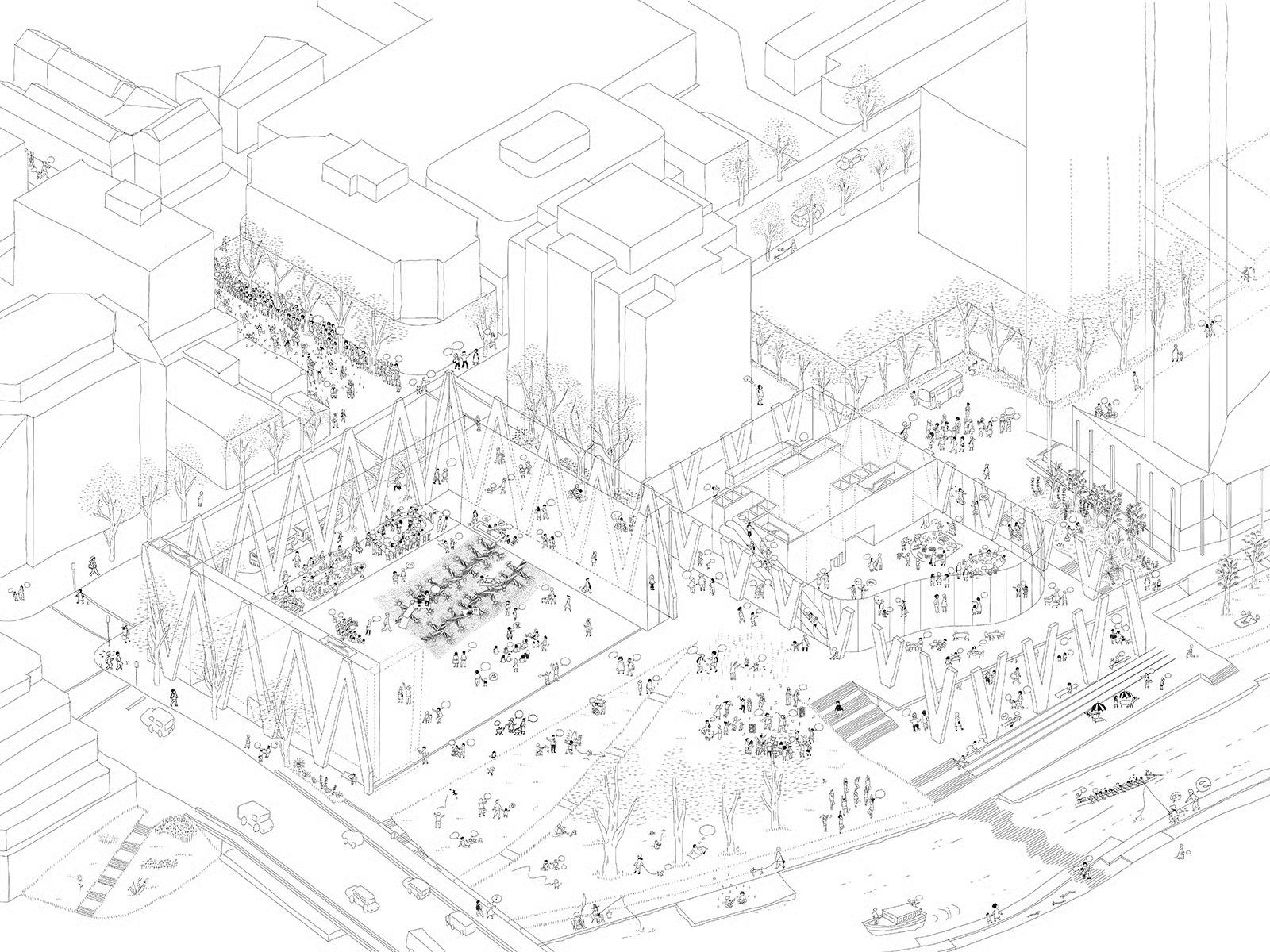 Video presentation, MP4 format, compiled of hand drawn black and white line drawings illustrating the interior exhibition spaces and exterior of the Powerhouse Parramatta buildings. Drawings were hand drawn by Hiroko Kusunoki, using an iPad.