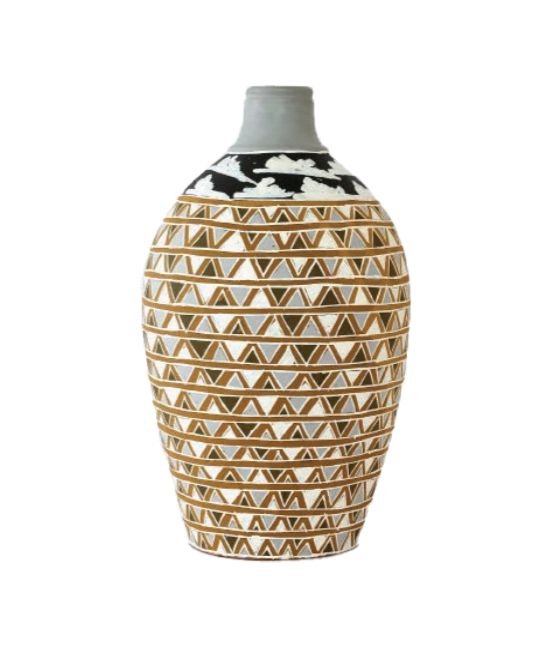 Round ceramic vessel with main body painted in maḏayin miny’tji, the cross-hatching technique (known as 'rarrk') in grey, brown, black and white.