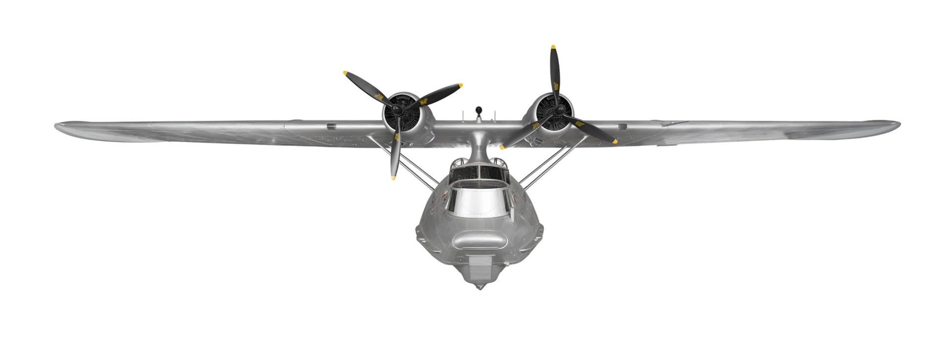 Front view of a twin-propeller flying boat.