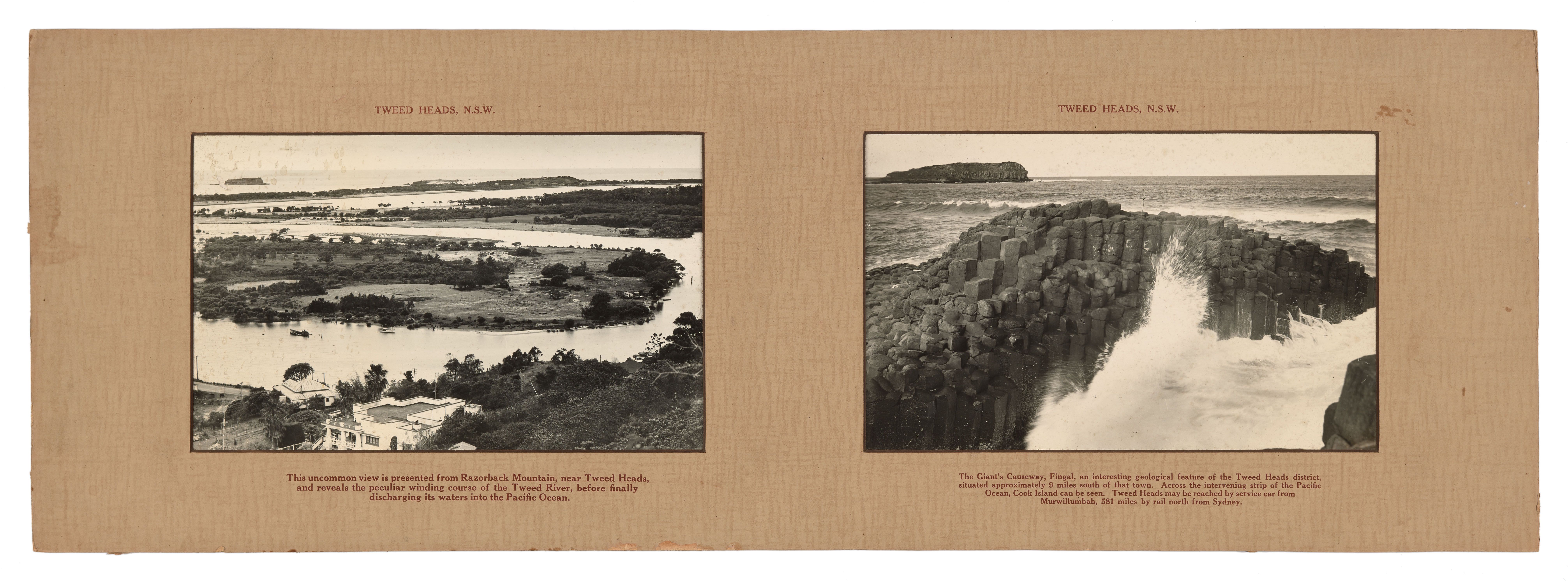Two landscape photographs mounted on brown paper.