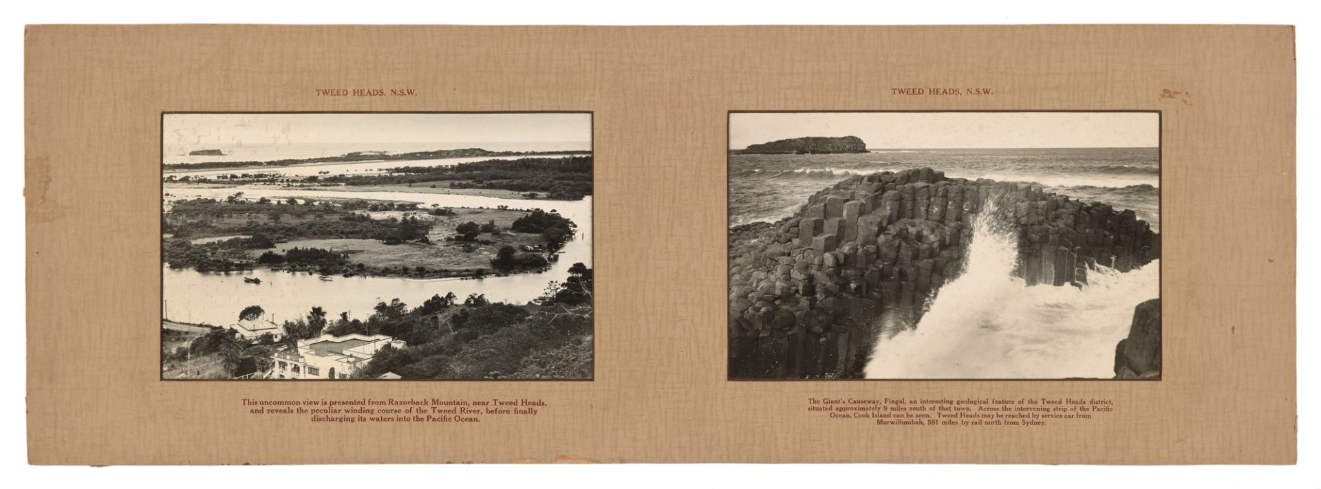 Two landscape photographs mounted on brown paper.