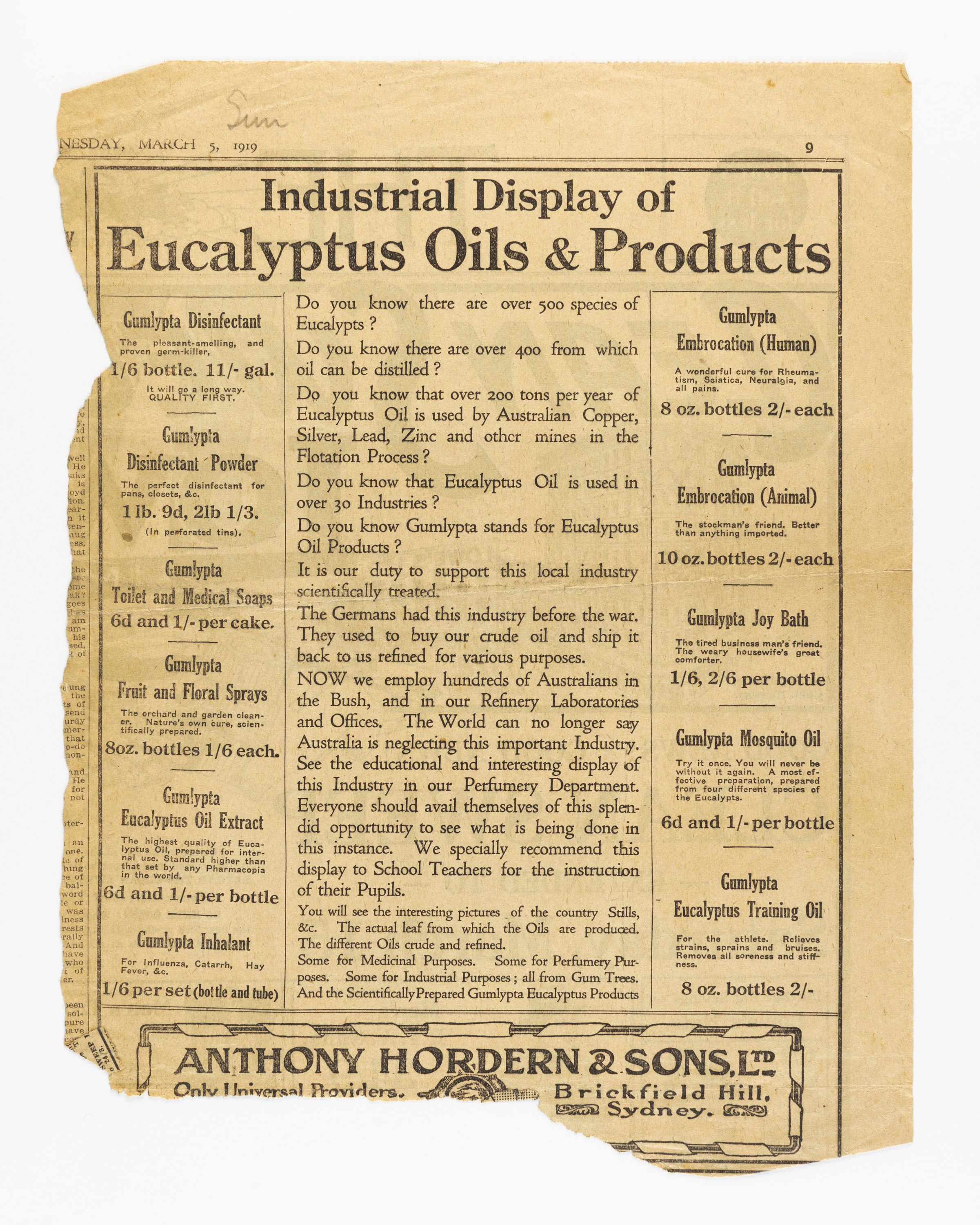 Newspaper clipping showing the industrial display of Eucalyptus oils and products
