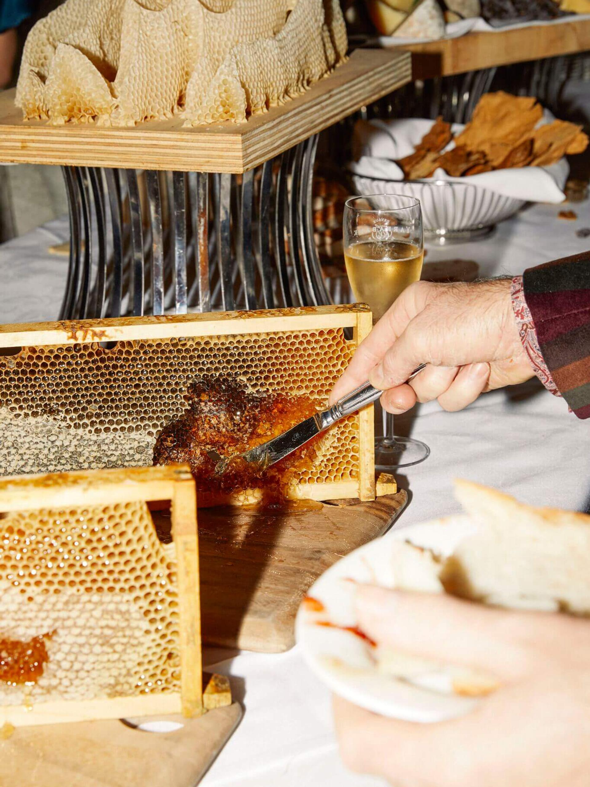 A table of various honeycombs and delicacies. A person uses a butter knife to scrape a small amount of dark brown honey from one section of honeycomb.