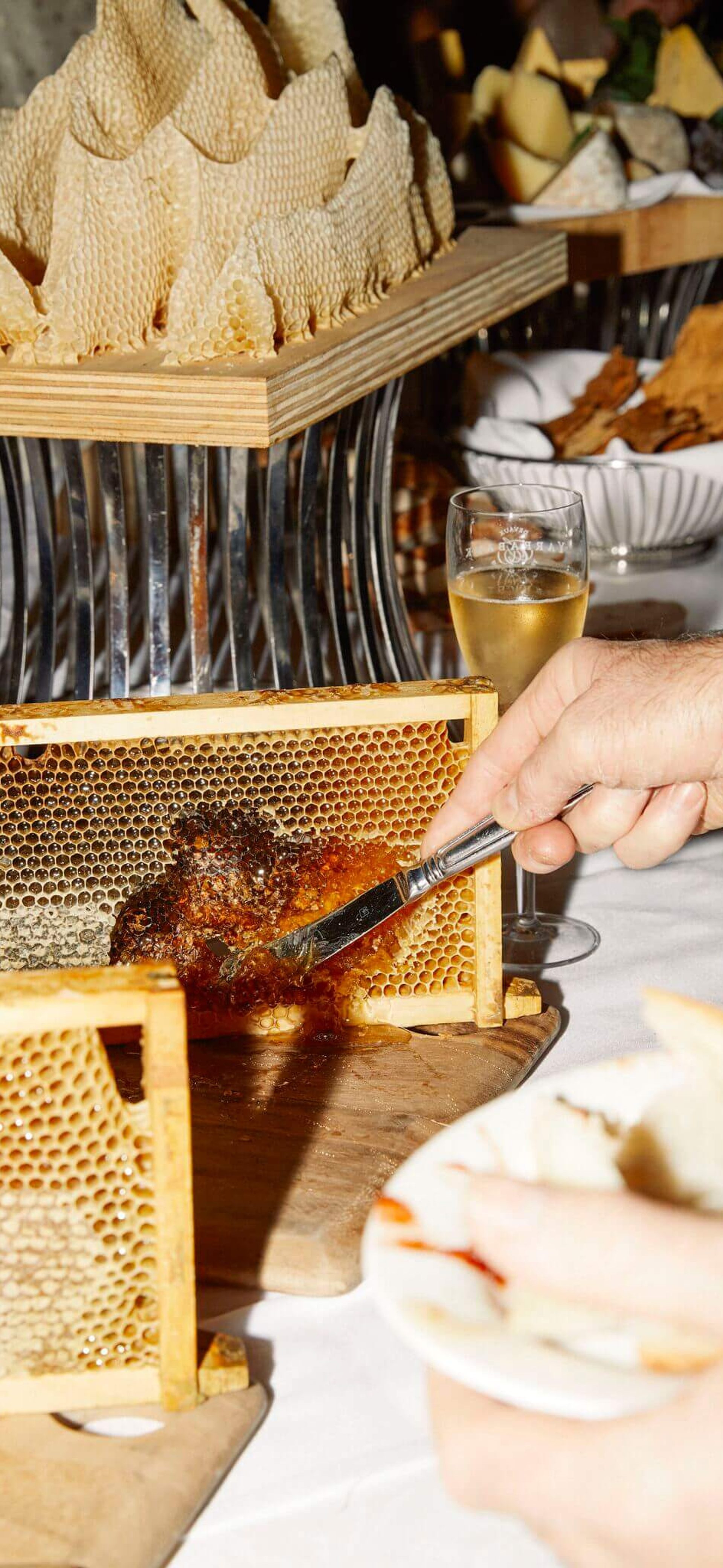 A table of various honeycombs and delicacies. A person uses a butter knife to scrape a small amount of dark brown honey from one section of honeycomb.