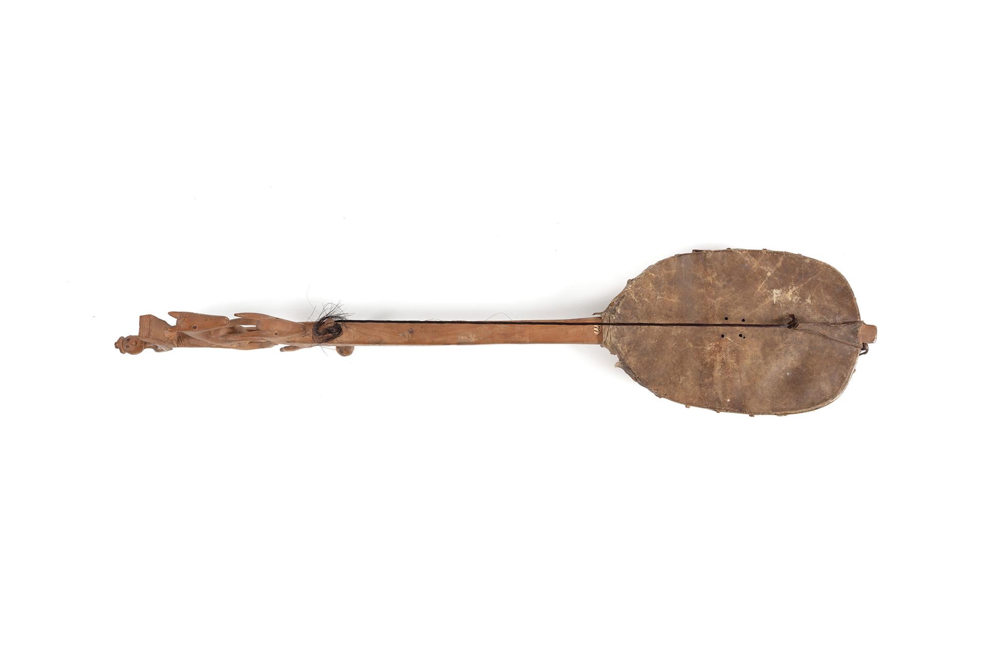 A guitar shaped instrument with a long wooden neck and oval body covered in leather. A single black string runs along the instrument.