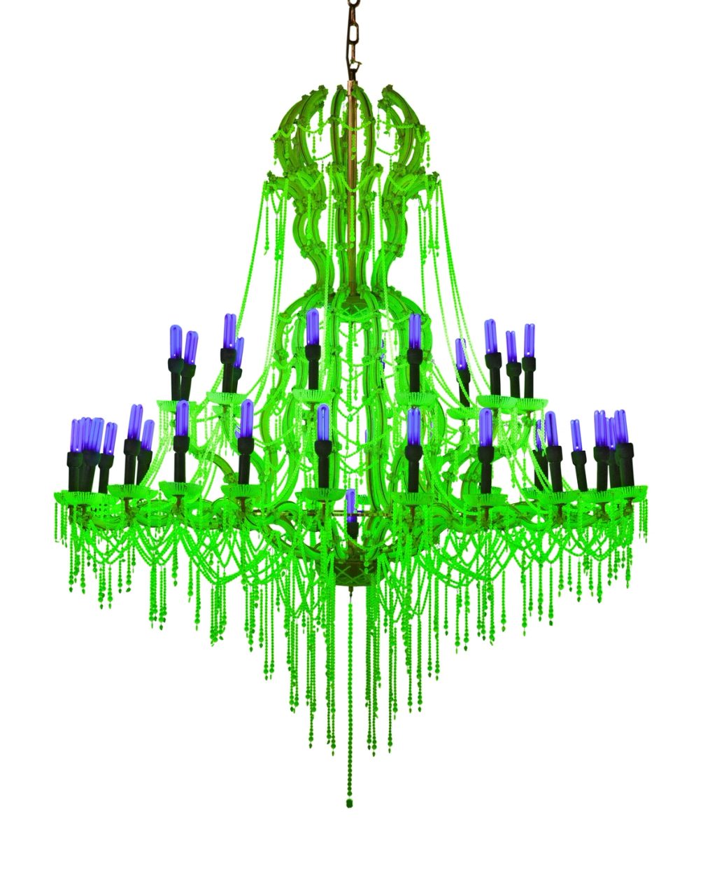 Bright green chandelier with black light bulbs.