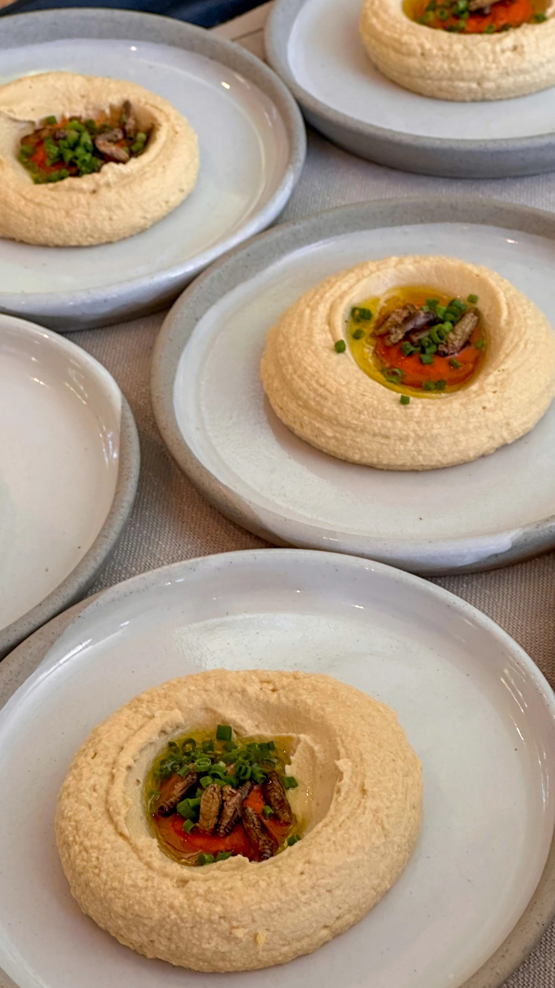 Plates of dip and bugs.