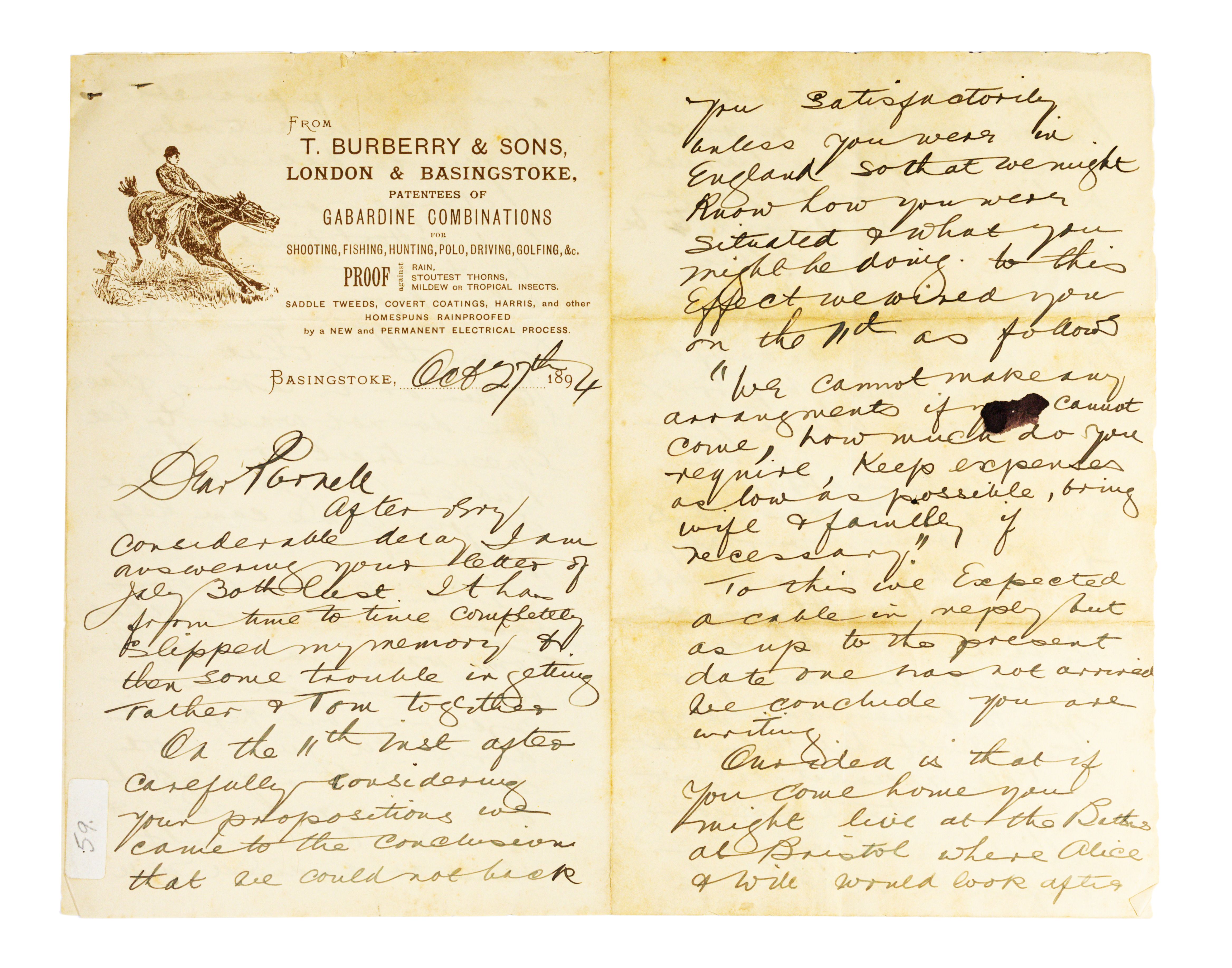 Letter from Arthur Burberry to Parnell Rabbidge, regarding the inability of Burberry and family to offer financial backing to Rabbidge. Letter mentions desirability of Rabbidge visiting England, which might enhance prospects of success.