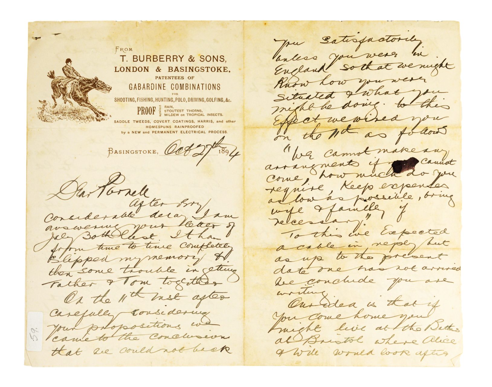 Letter from Arthur Burberry to Parnell Rabbidge, regarding the inability of Burberry and family to offer financial backing to Rabbidge. Letter mentions desirability of Rabbidge visiting England, which might enhance prospects of success.
