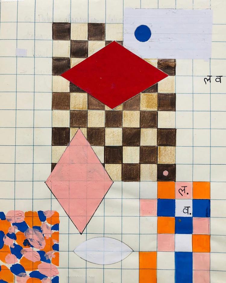 Grid paper with illustrated colour grids and diamonds with Hindi characters.