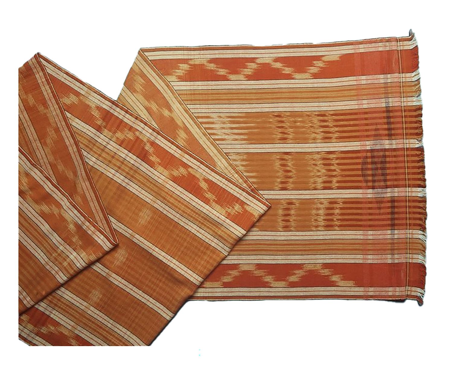 Handwoven twill-weave textile length in wool crepe with warp and weft ikat. Dyed in earth colours using eucalypts extracts and chemicals for the blue.