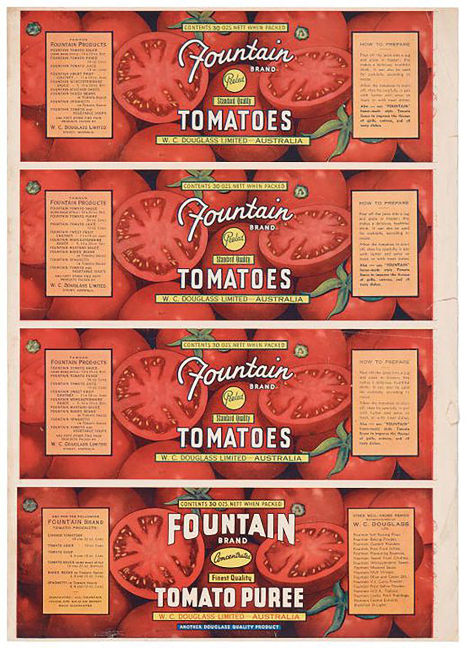 Sheet of labels, Fountain brand, consisting of 3 labels for cans of peeled tomatoes, and 1 for concentrated tomato puree, polychrome print, gum backed adhesive paper