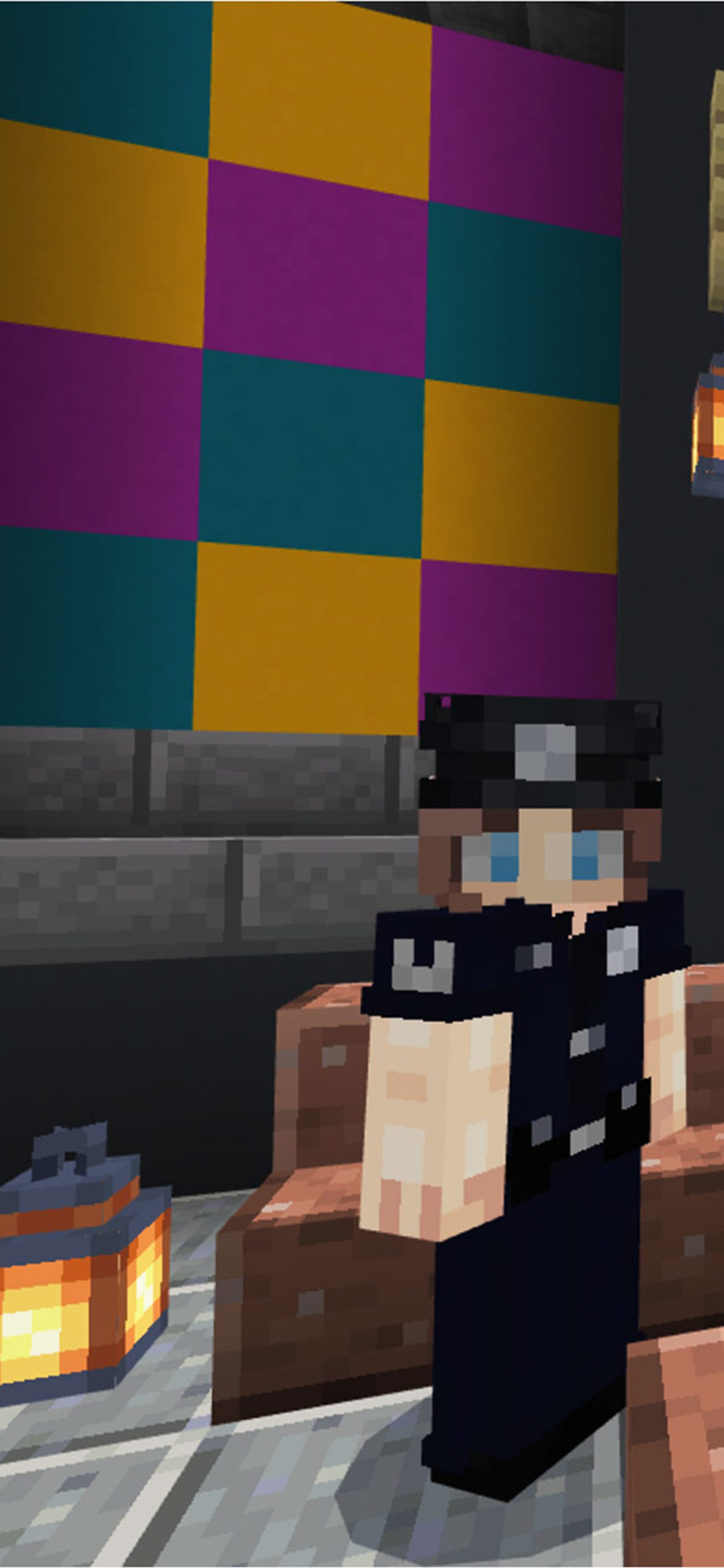 Three Minecraft characters stand in a colourful room with granite and lamps.