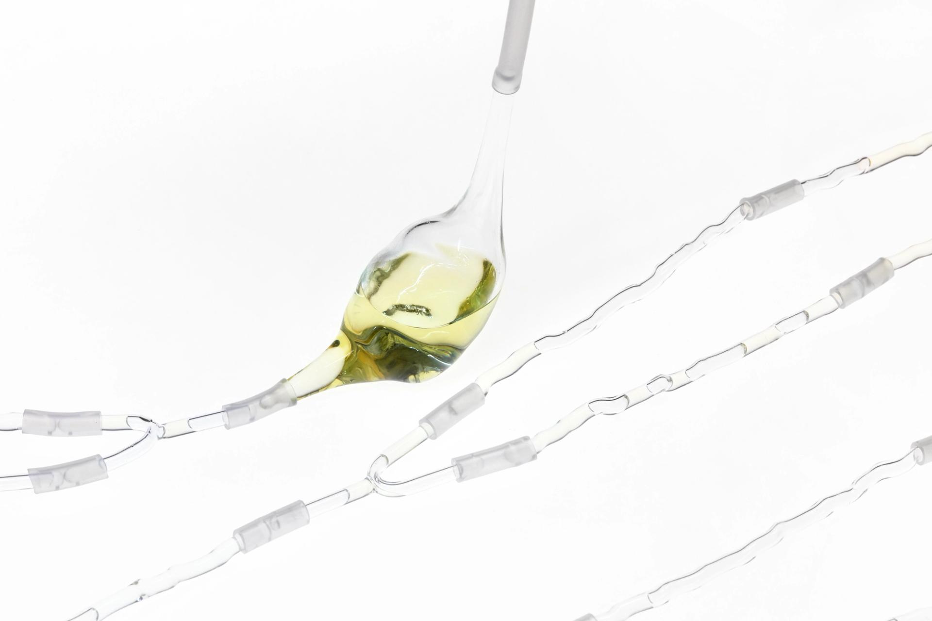 Thin glass tubes, one with a bulb shape with yellow oil inside.