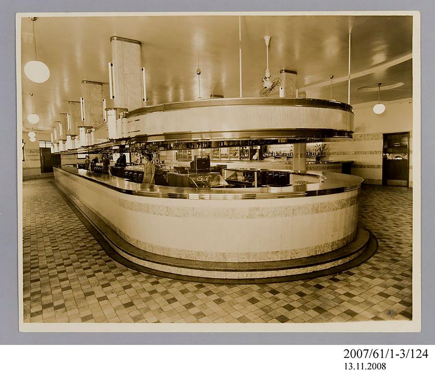 Photographic print, black & white, public bar in Hotel Rozelle, Rozelle, Phil Ward, Sydney, New South Wales, Australia, c.1938. Hotel designed by Sidney Warden for Tooth & Co Limited.