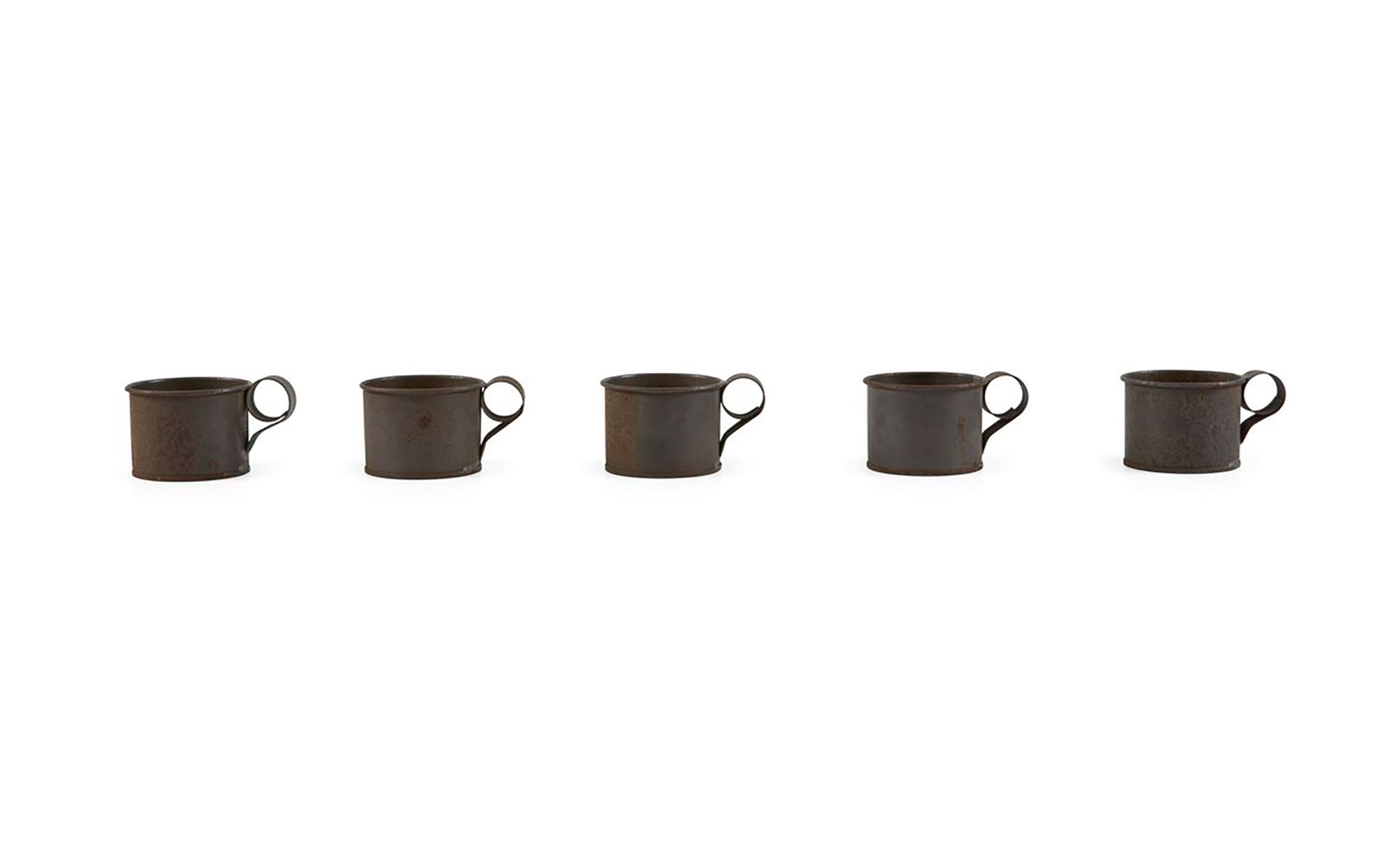 Five drinking mugs, identical, cylindrical with rolled lip, and loop handle attached to one side, made of galvanised steel.
