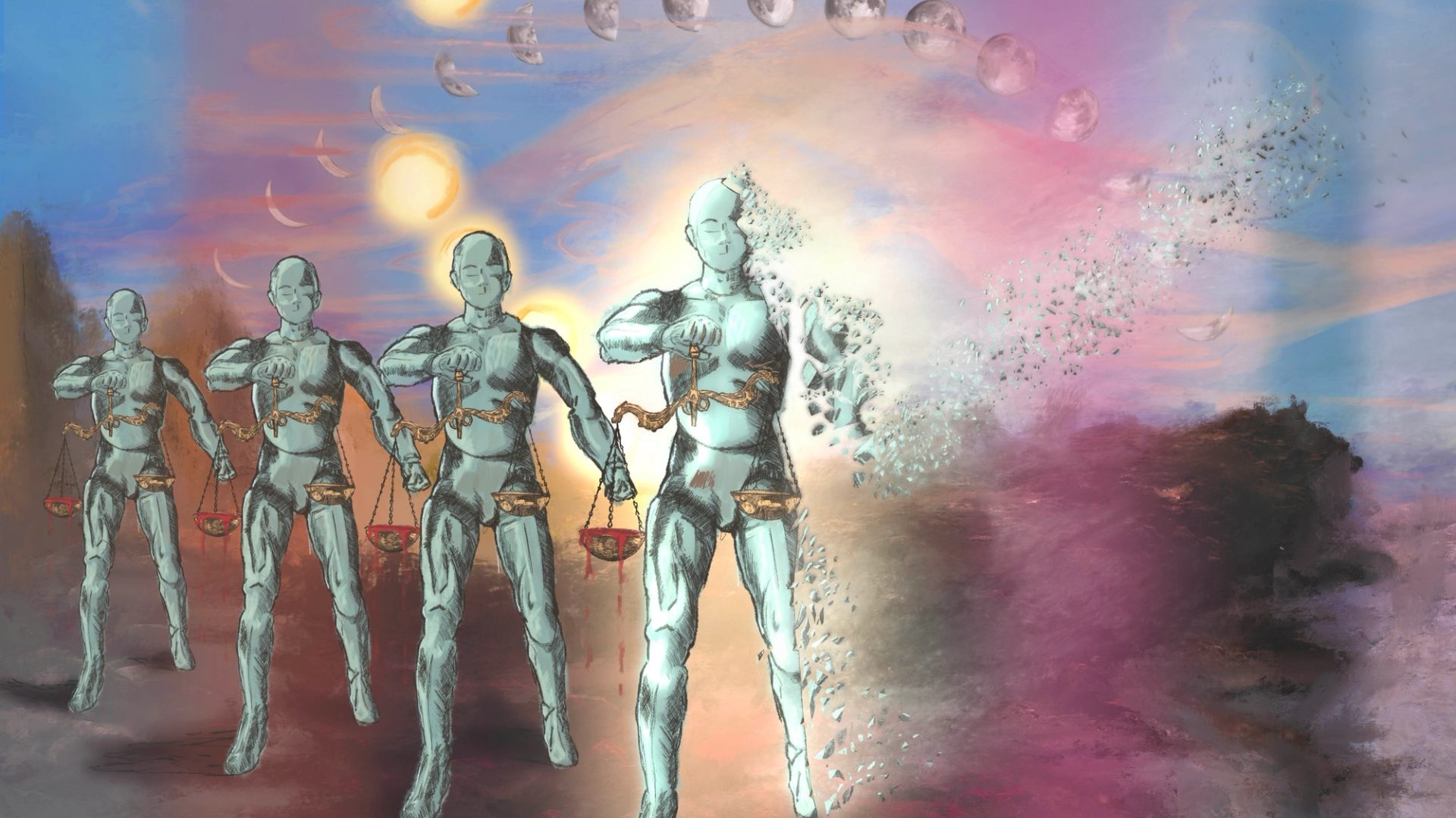 A drawing of four standing robot figures holding sets of scales and with the central figure starting to disintegrate, set against a purple-blue background.
