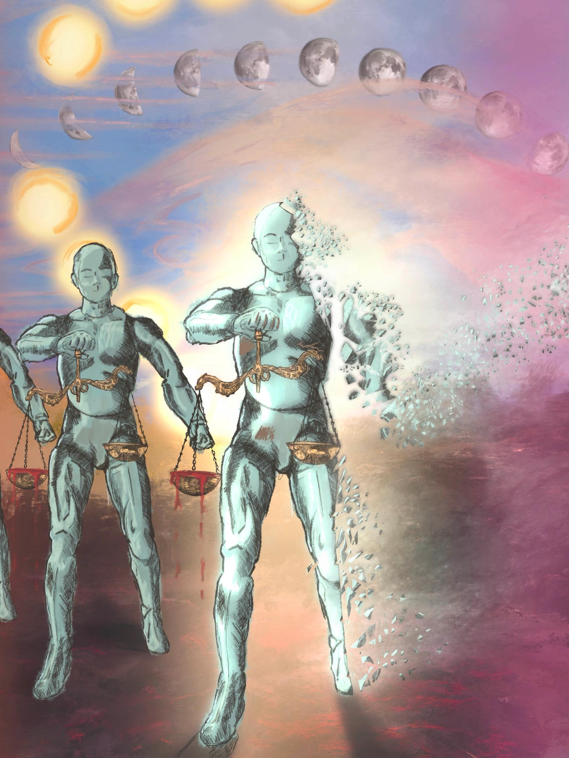 A drawing of four standing robot figures holding sets of scales and with the central figure starting to disintegrate, set against a purple-blue background.
