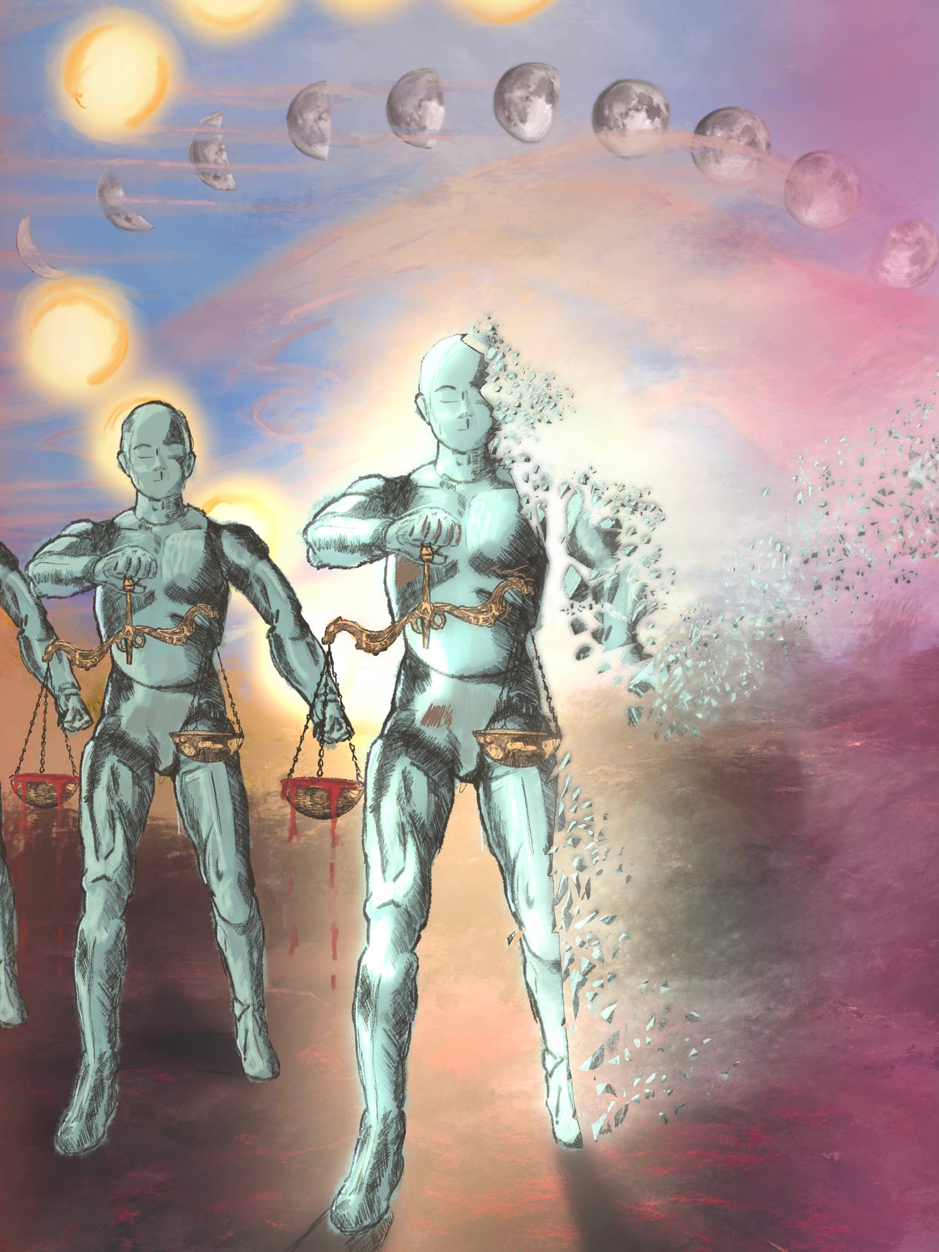 A drawing of four standing robot figures holding sets of scales and with the central figure starting to disintegrate, set against a purple-blue background.