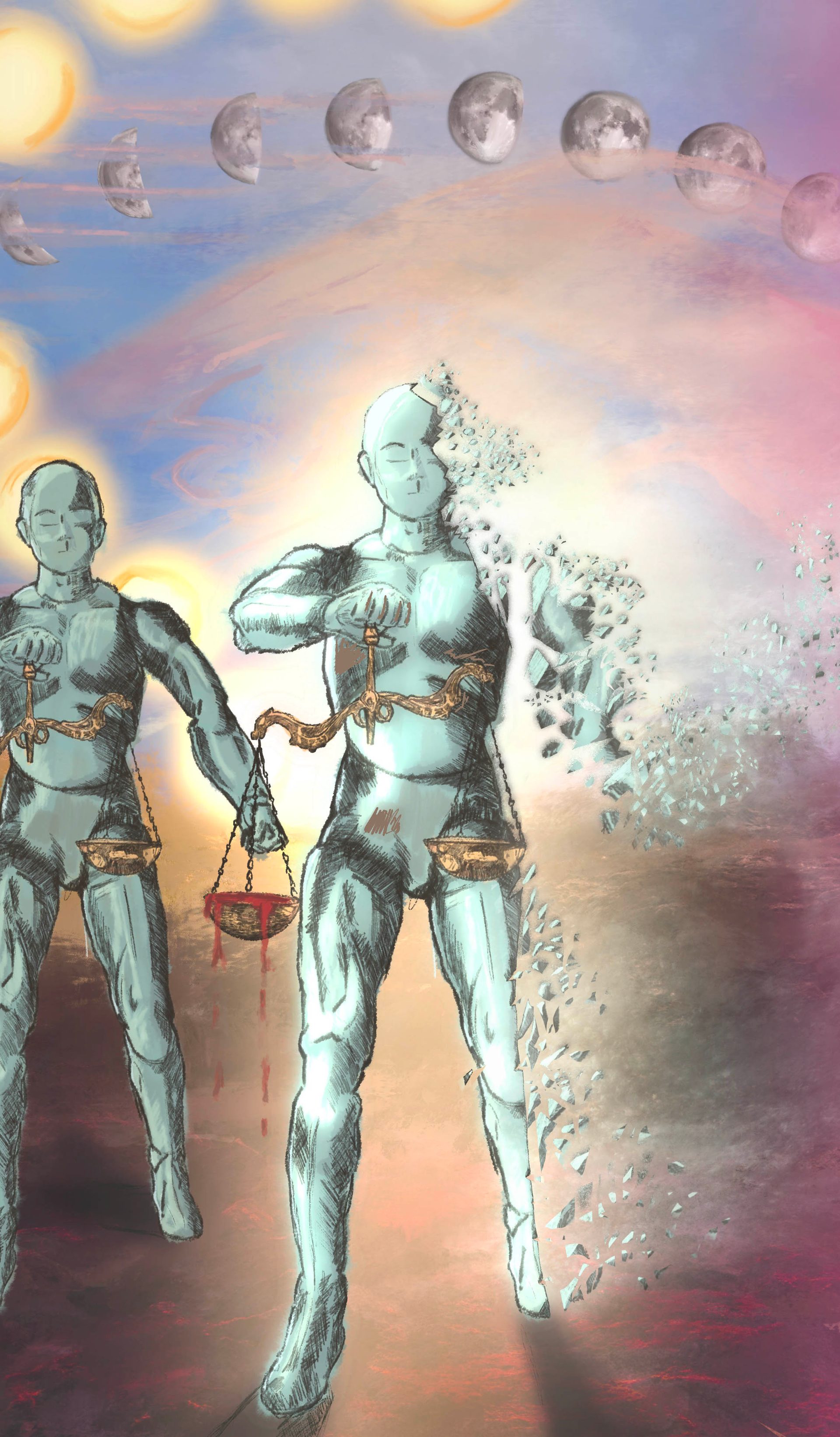 A drawing of four standing robot figures holding sets of scales and with the central figure starting to disintegrate, set against a purple-blue background.