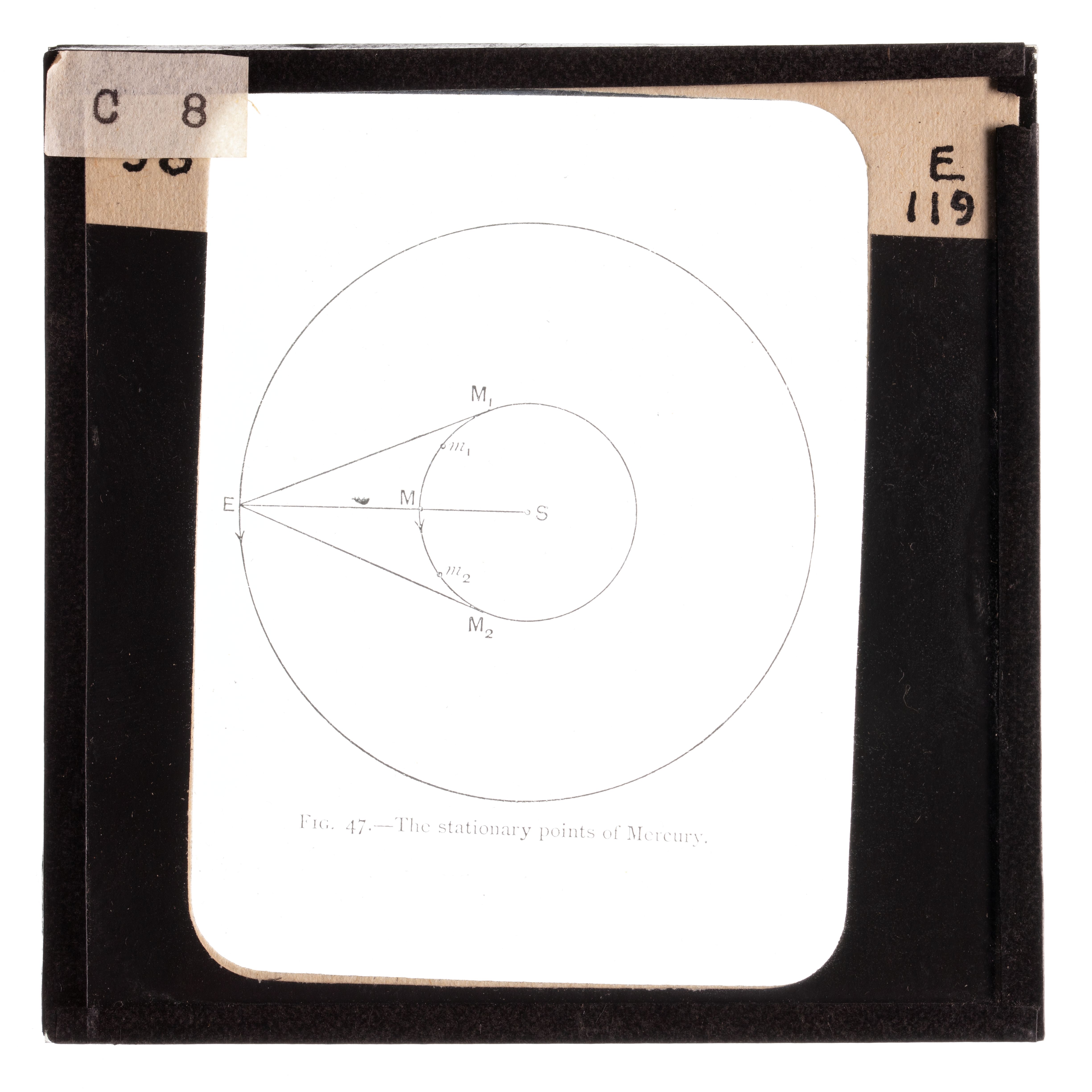 Photograph of a black framed glass plate slide depicting the stationary point of Mercury.