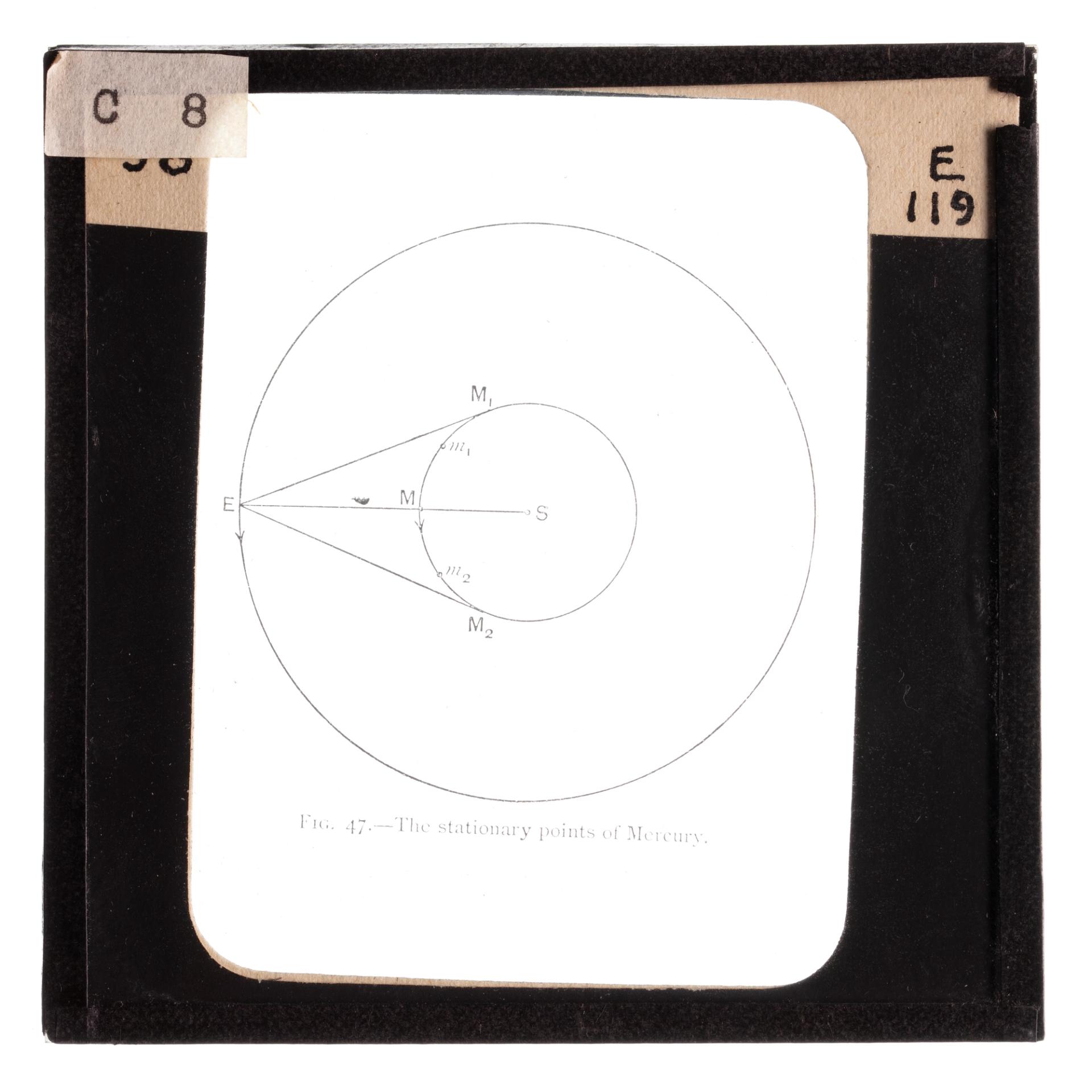 Photograph of a black framed glass plate slide depicting the stationary point of Mercury.