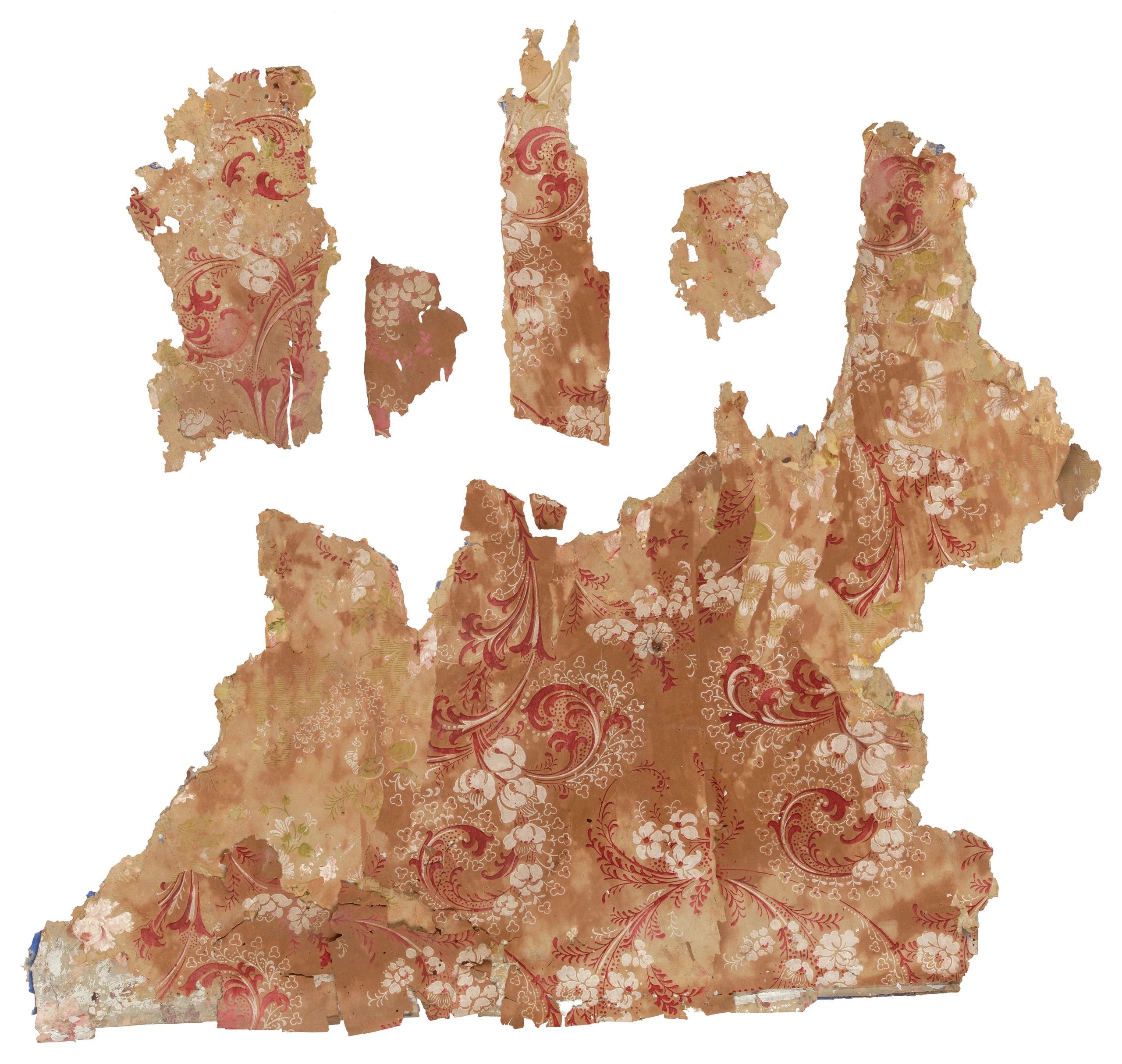 Wallpaper fragments with a brown background and floral red and white print.