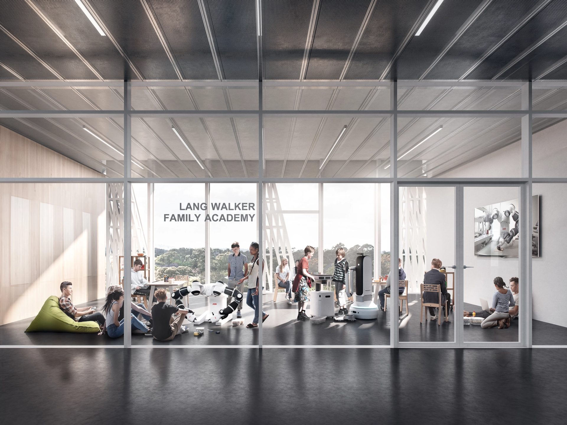 A group of students are in a large room with floor to ceiling windows.