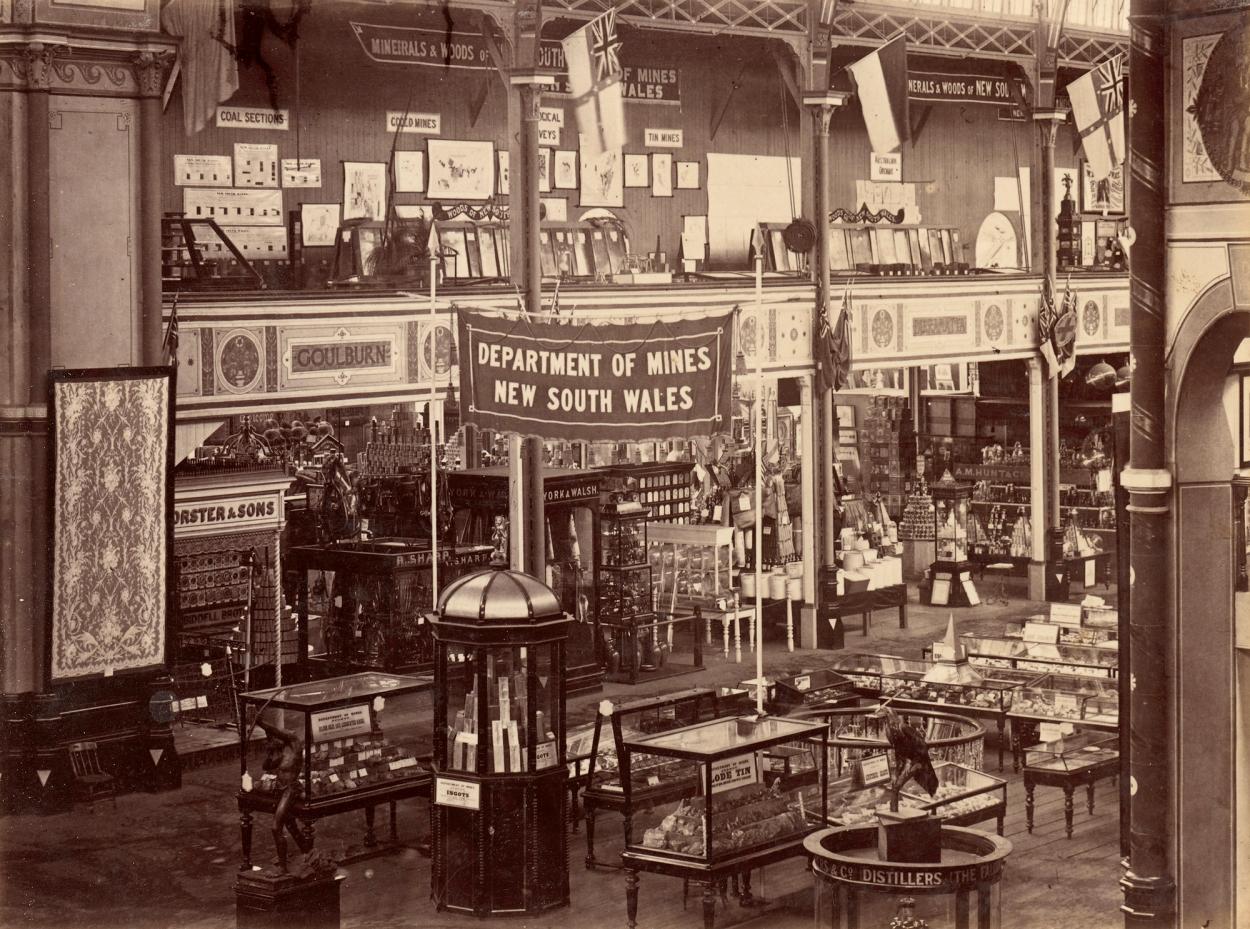 Sepia photograph of an interior display at the Garden Palace
