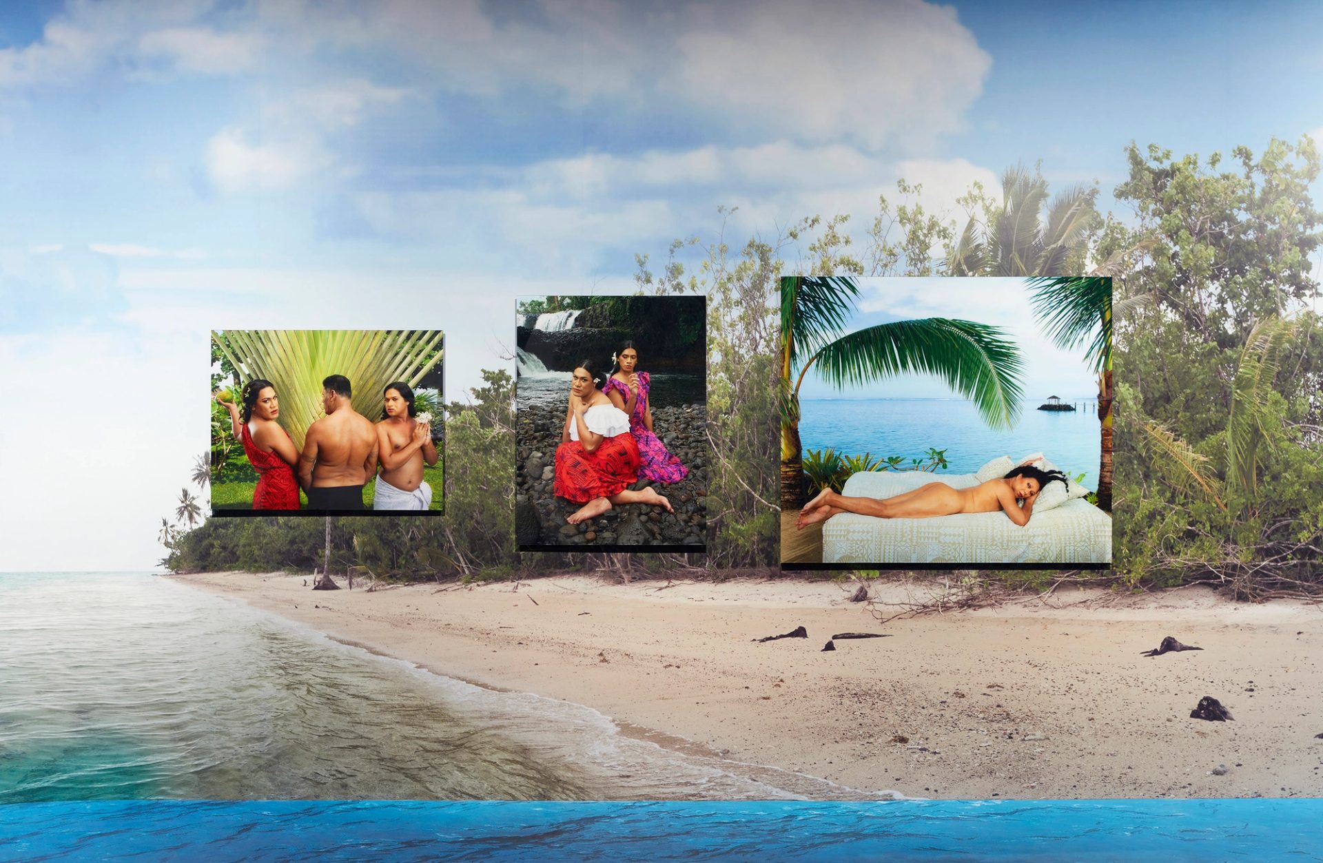 Three large images of faʻafafine and faʻatama displayed in exhibition