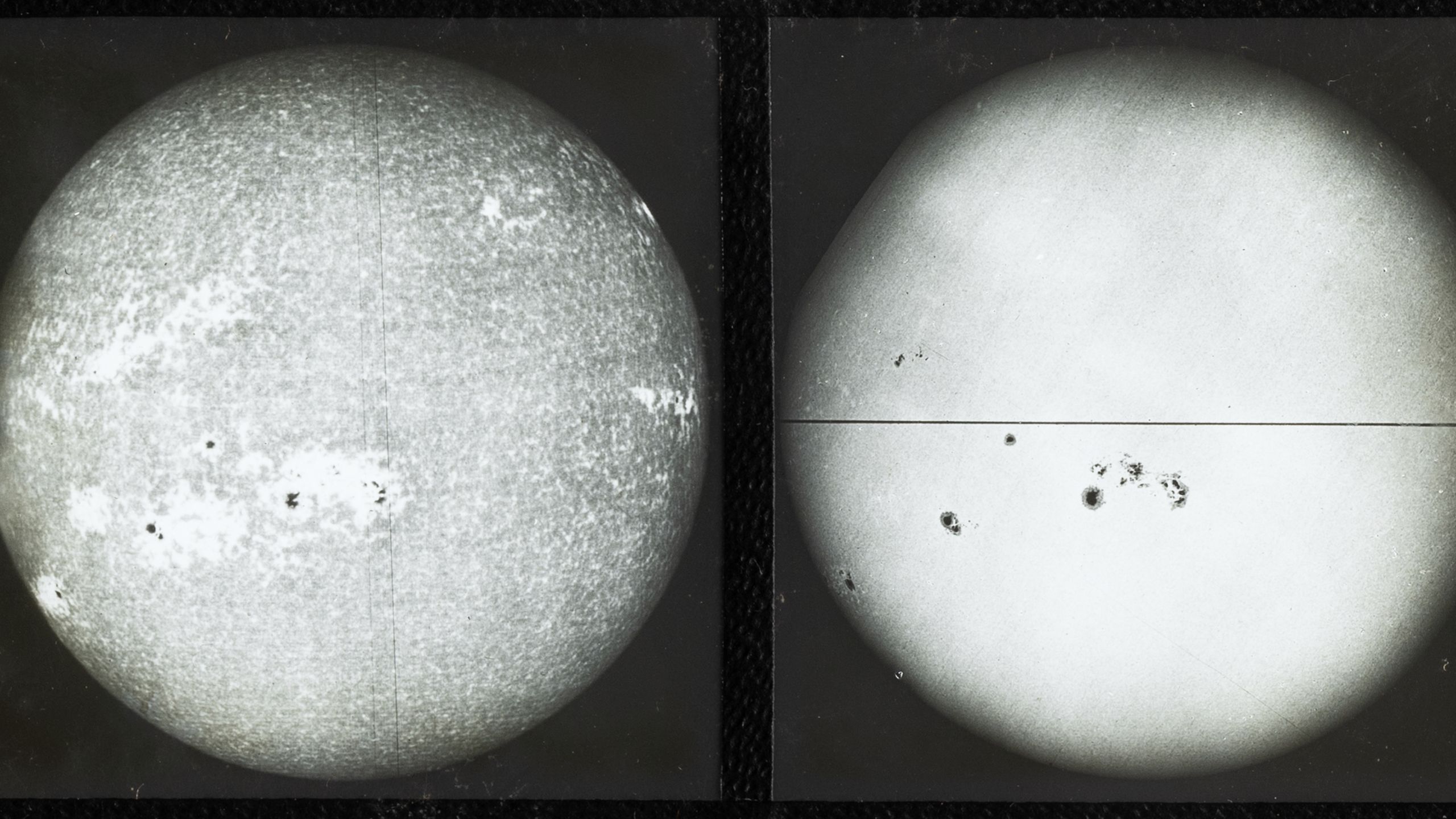 A close up photograph of a glass plate slide showing black and white photo of 'sun's disk (spectroheliogram)', used for teaching astronomy.