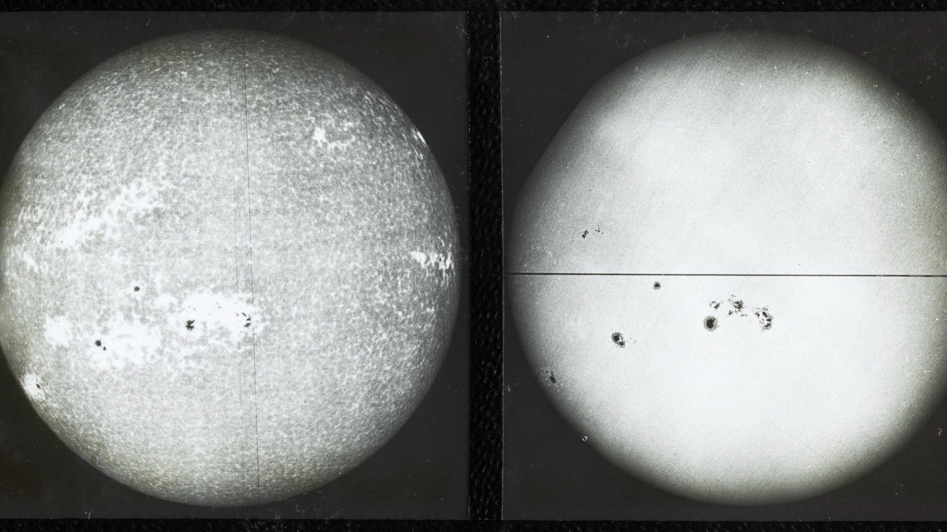 A close up photograph of a glass plate slide showing black and white photo of 'sun's disk (spectroheliogram)', used for teaching astronomy.
