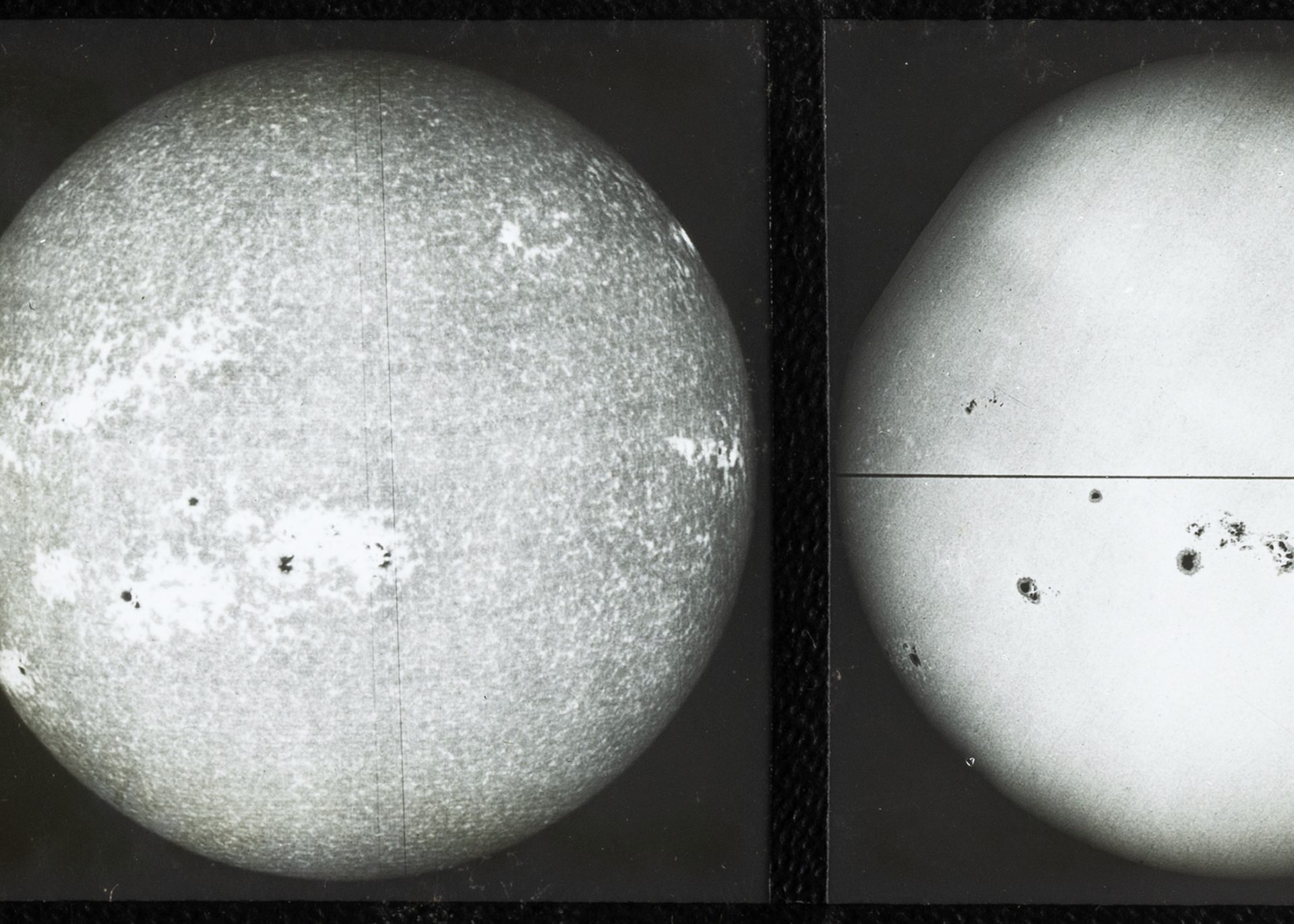 A close up photograph of a glass plate slide showing black and white photo of 'sun's disk (spectroheliogram)', used for teaching astronomy.