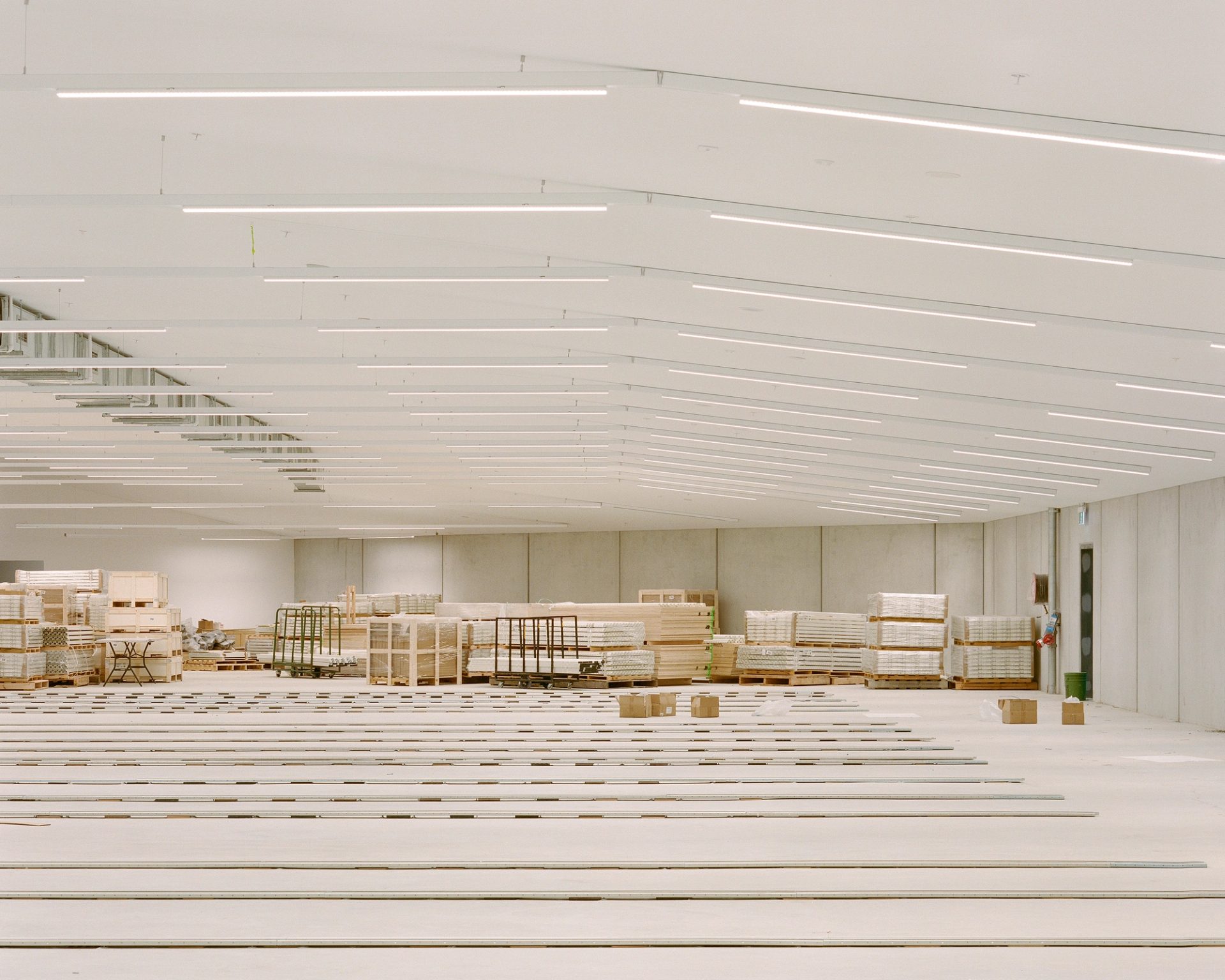 Piles of construction material in a big open space