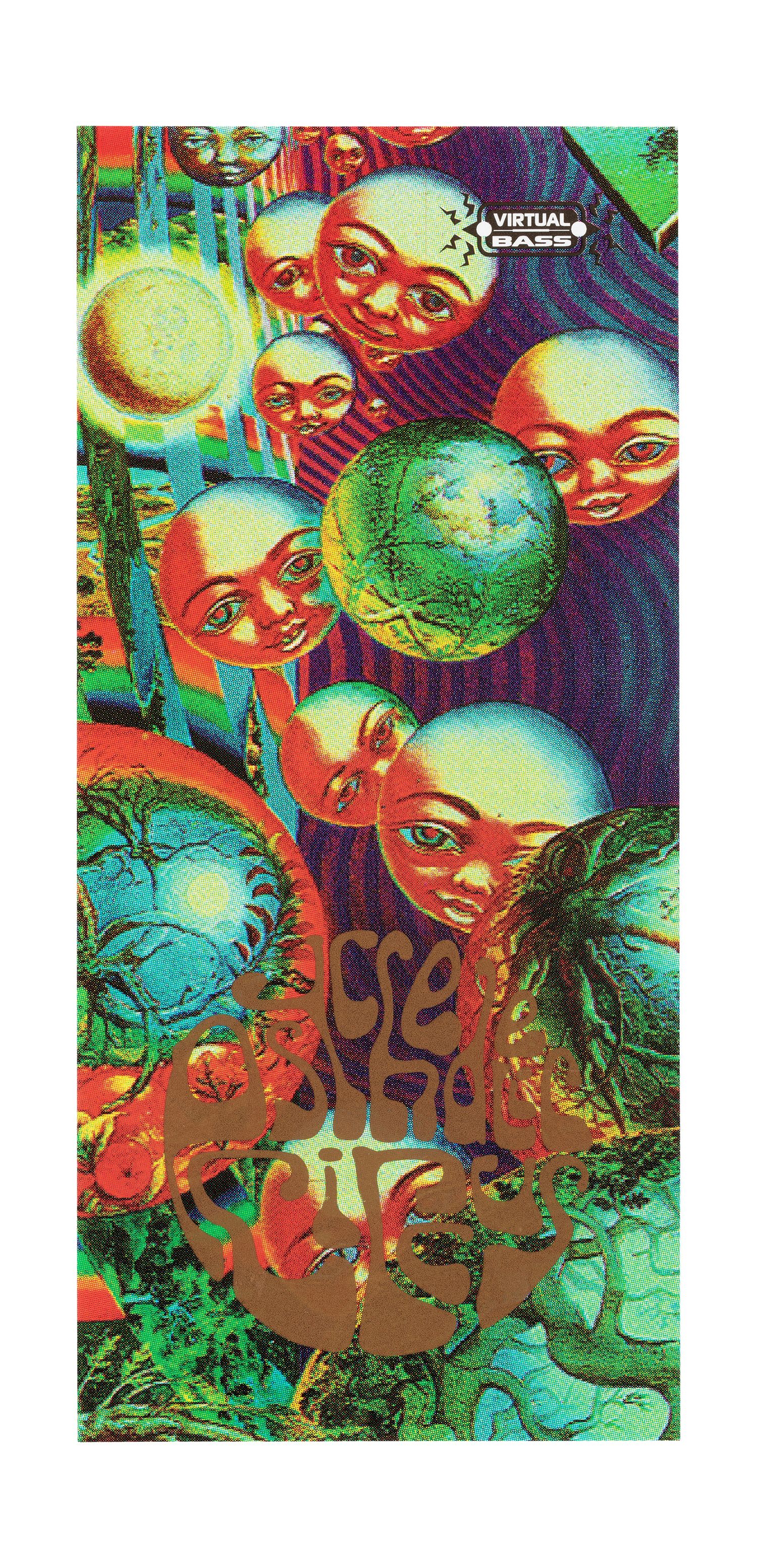 A long multi-coloured poster featuring multiple overlapping spheres that have faces on them. At the bottom of the poster reads ‘Psychedelic Circus’ in brown text.