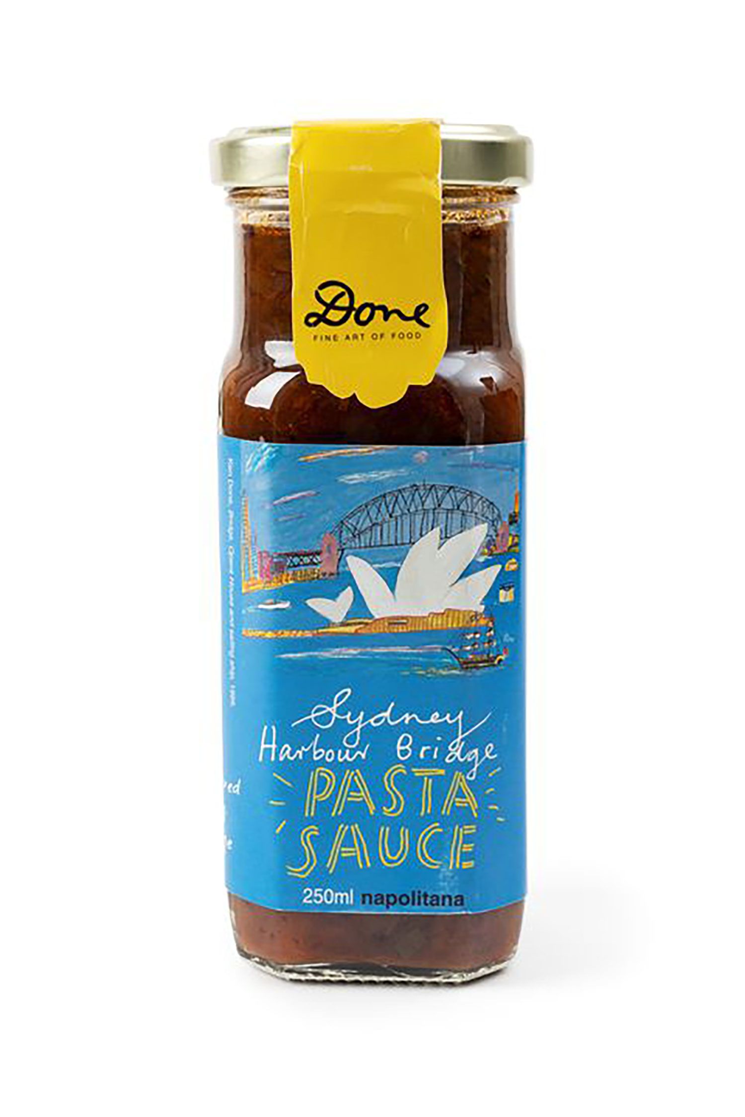 Unopened jar of napolitana pasta sauce. The jar is rectangular shaped with a circular top sealed with a metal cap. The cap has a blue and white paper sticker with a graphic of the Sydney Harbour. Colour printed label with blue ground adhered to body of jar. The label has a colour image of Sydney Harbour featuring the Opera House, the Bridge, and a sailing ship bobbing on the water. There is also a yellow paper seal with 'Done/FINE ART OF FOOD' in black adhered from the top of the jar to the cap.