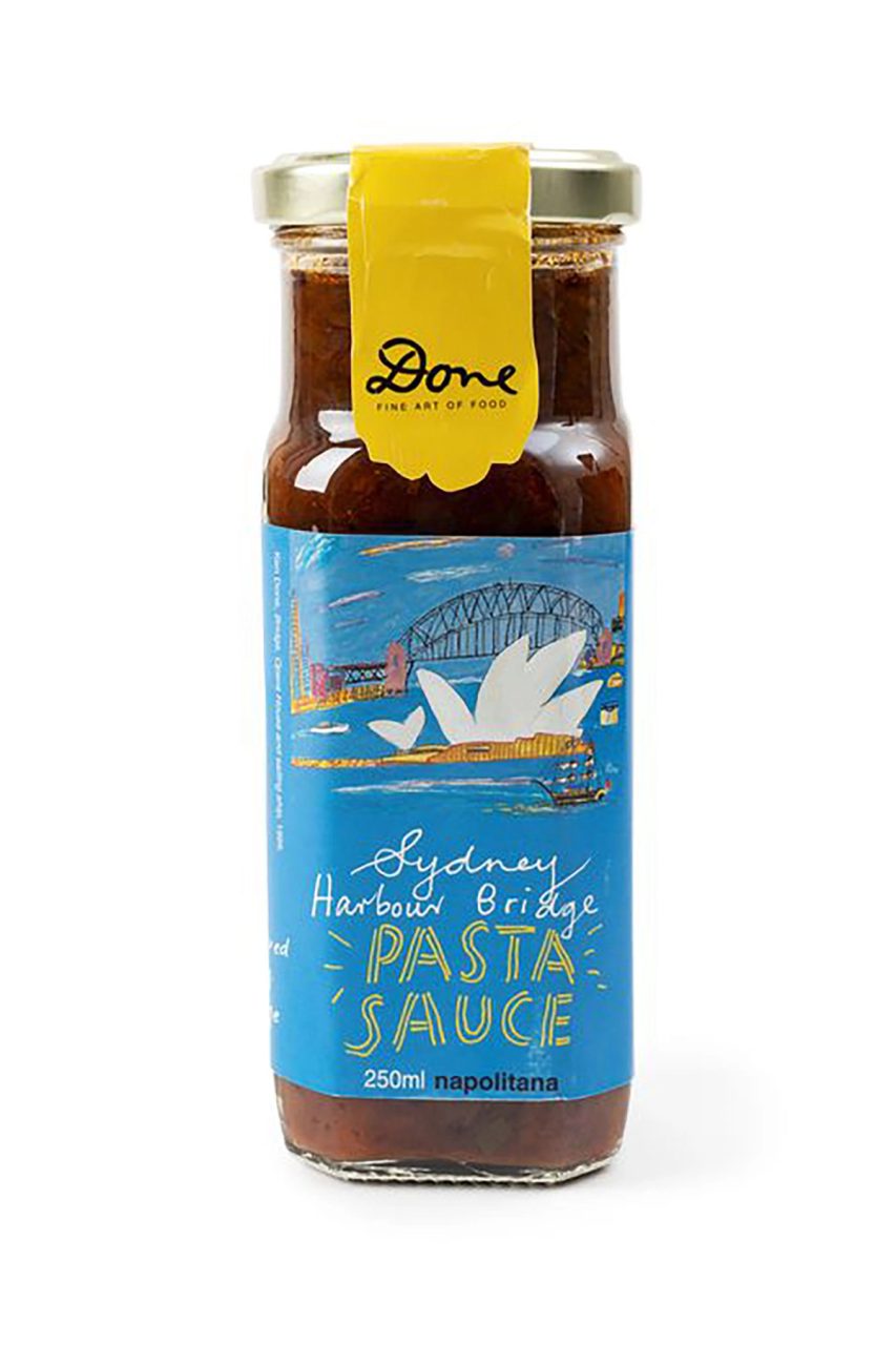 Unopened jar of napolitana pasta sauce. The jar is rectangular shaped with a circular top sealed with a metal cap. The cap has a blue and white paper sticker with a graphic of the Sydney Harbour. Colour printed label with blue ground adhered to body of jar. The label has a colour image of Sydney Harbour featuring the Opera House, the Bridge, and a sailing ship bobbing on the water. There is also a yellow paper seal with 'Done/FINE ART OF FOOD' in black adhered from the top of the jar to the cap.