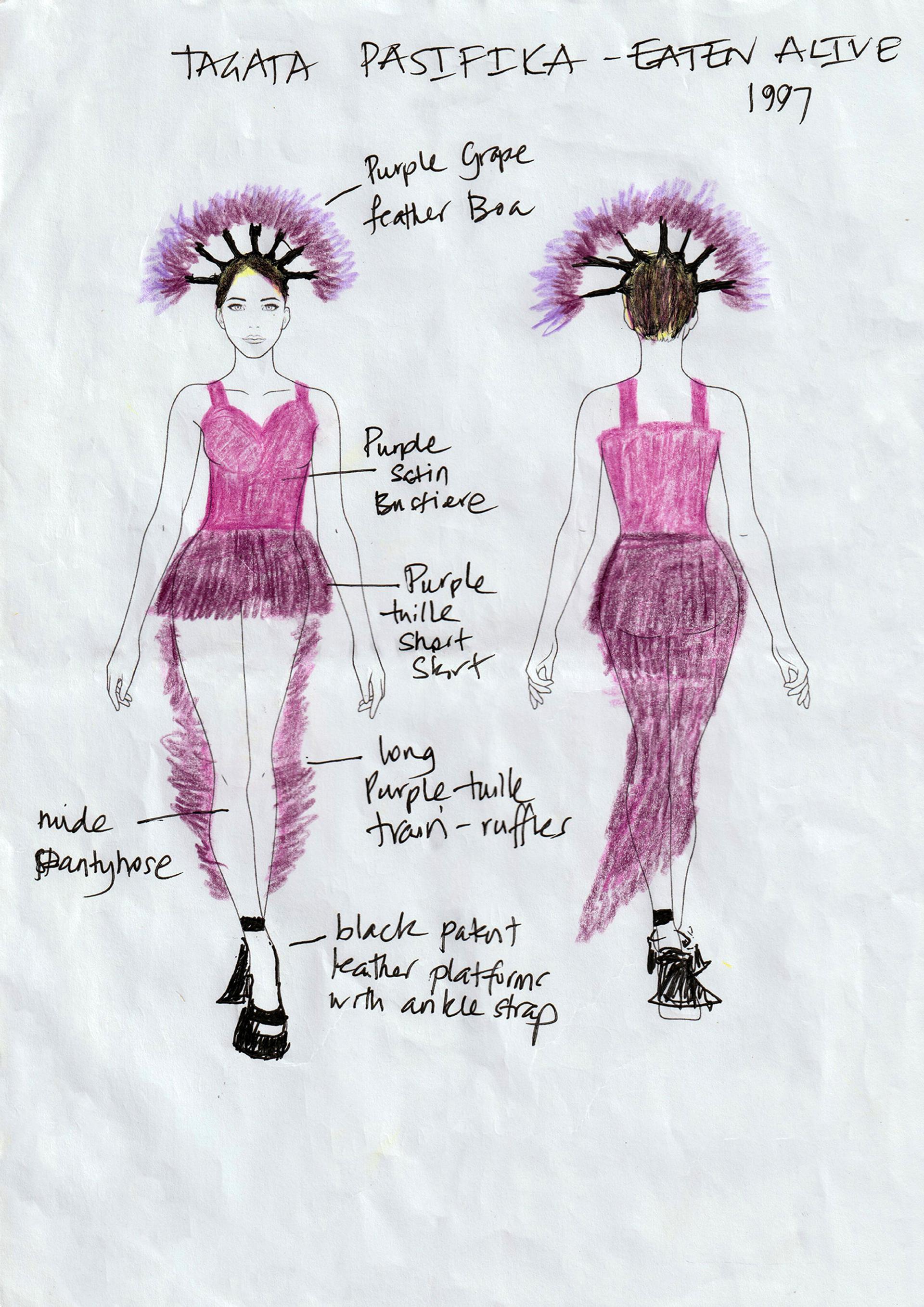 Purple feathery dress drawn on a paper model