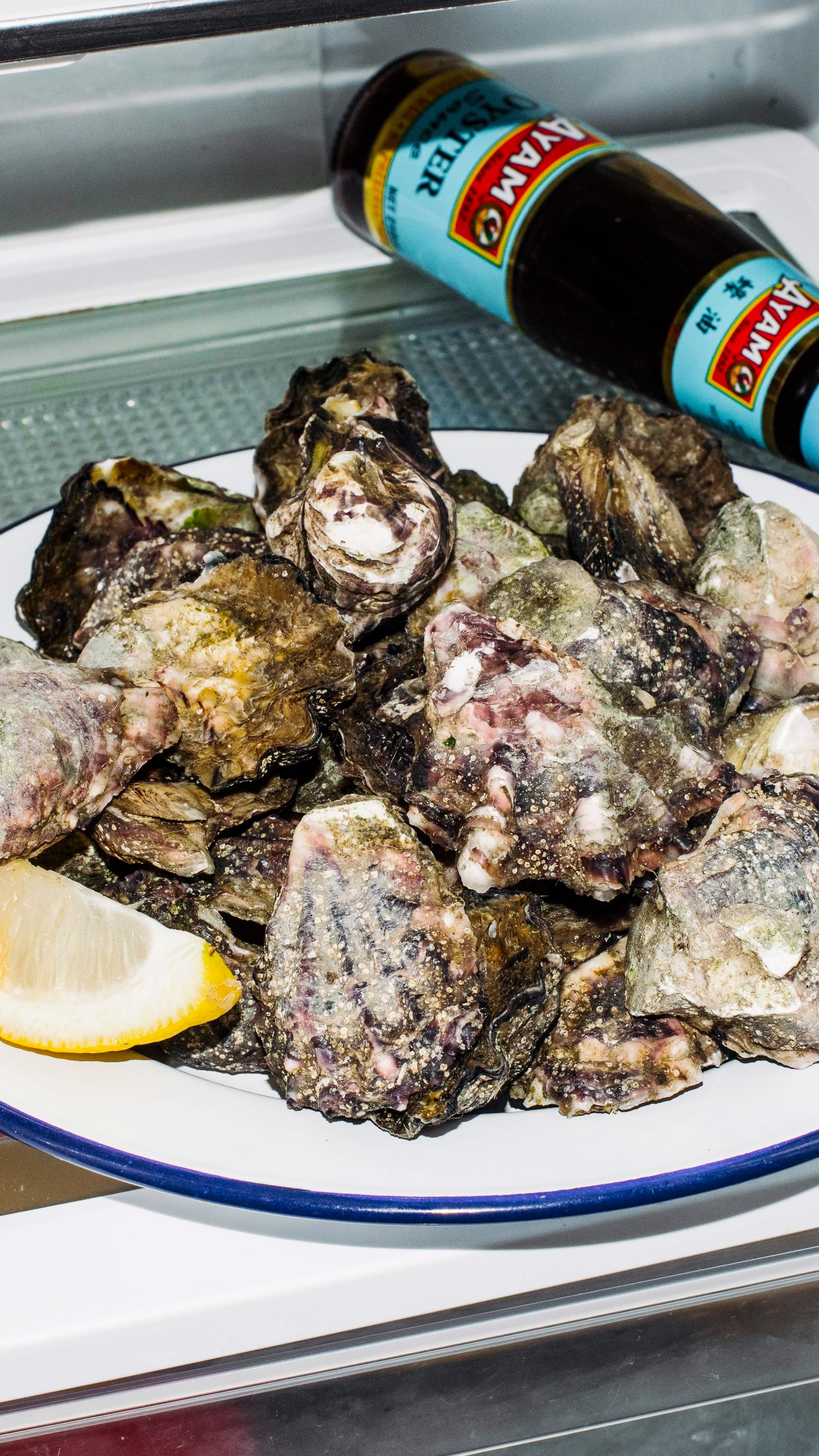 A plate of unchecked oysters with a slice of lemon on a white plate in a fridge.