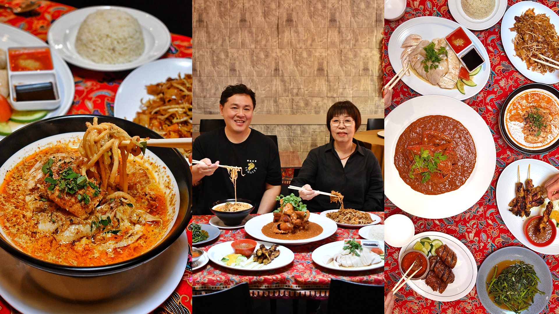 Triptych featuring Laksa Singapura with chicken, Temasek Co-owner, and Chef Jeremy Cho and Co-founder, Gladys Wong and flat lay of dishes from Temasek.