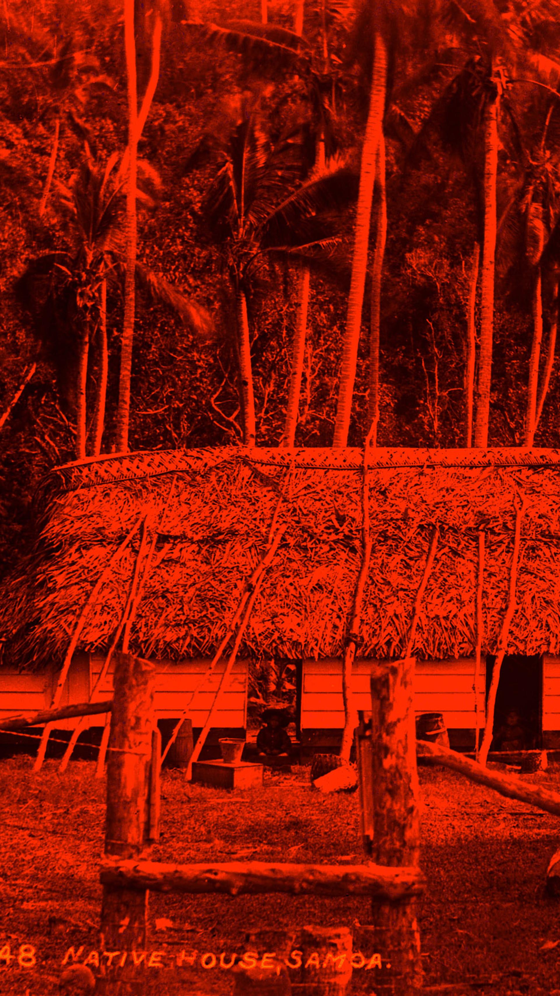 Sāmoan building consisting of a thatched roof and white weatherboard walls.