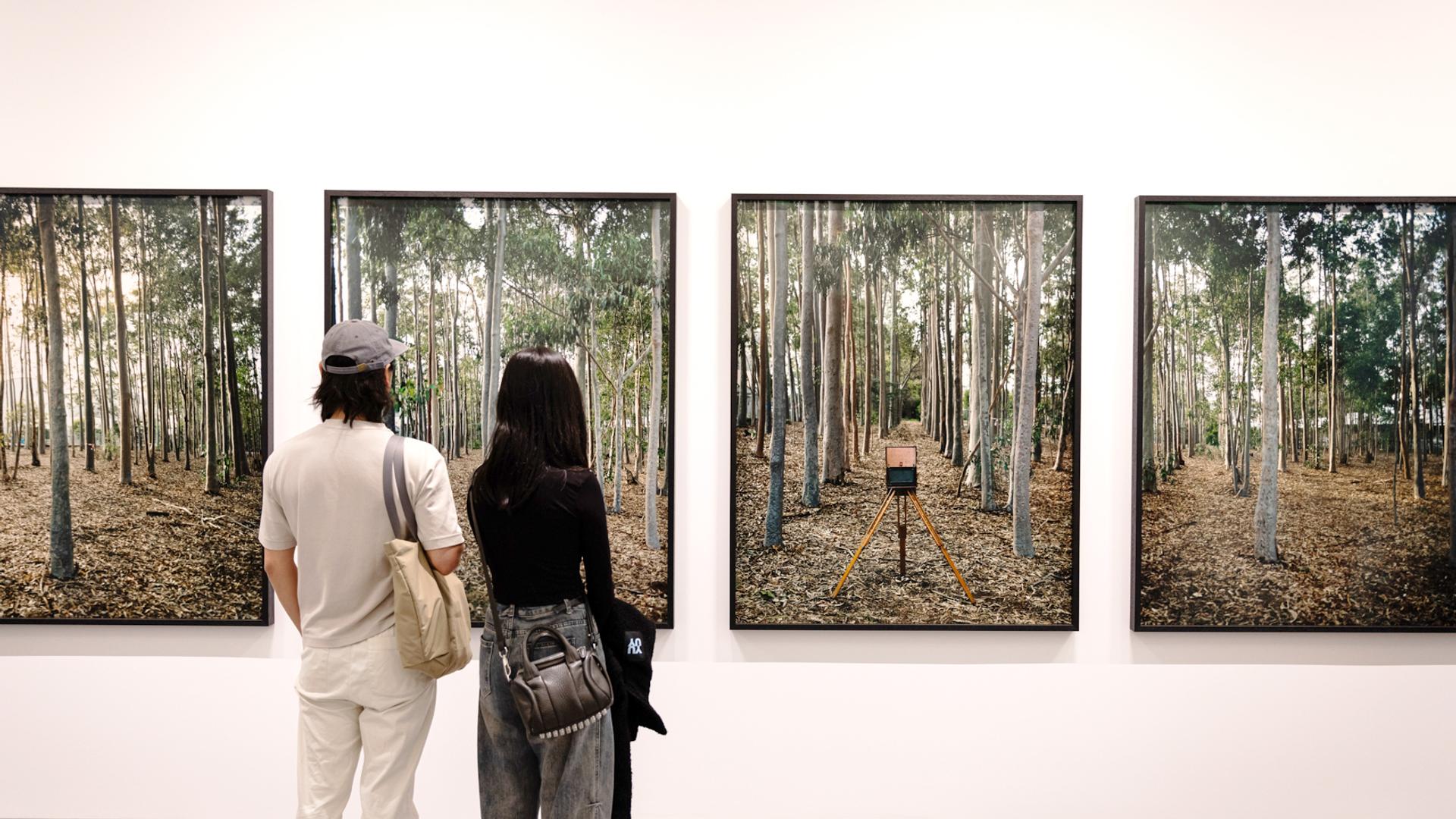 Two people looking at an artwork.