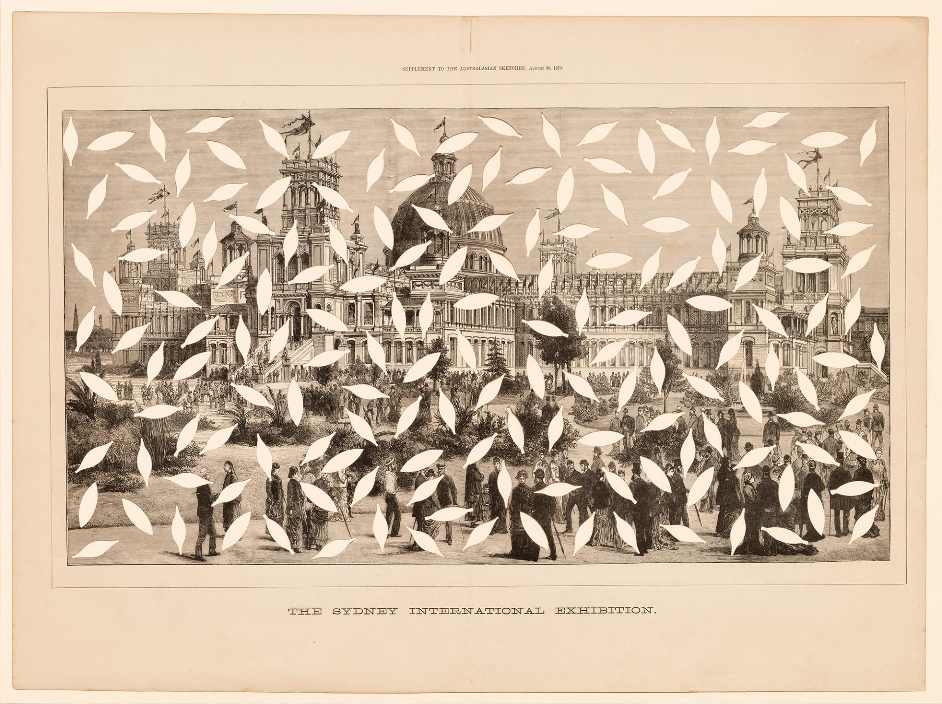 Collage work on paper with leaf shaped cut outs over an old sketch of the Garden Palace
