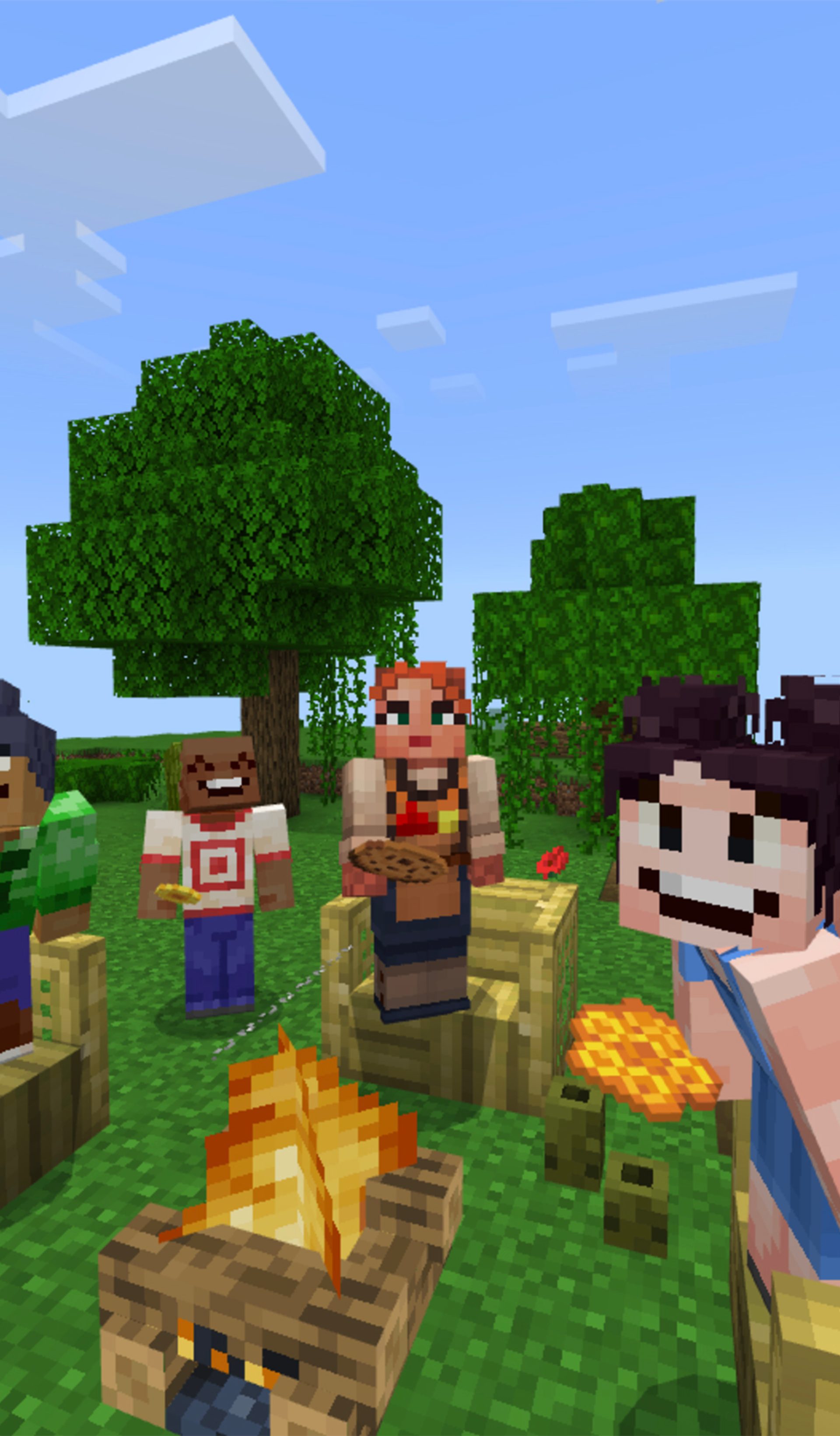 Four Minecraft characters sit around a campfire in a forest.