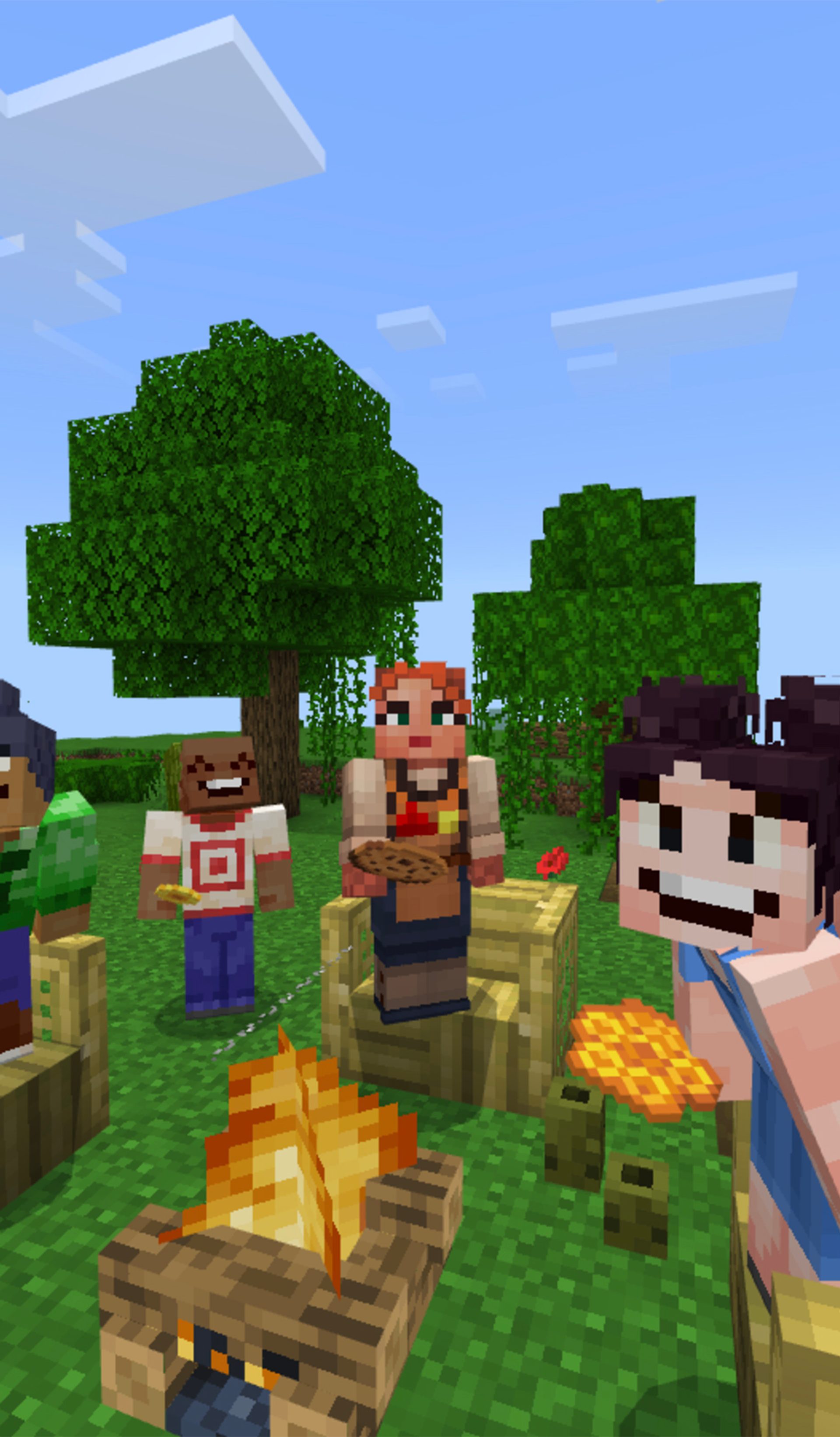 Four Minecraft characters sit around a campfire in a forest.
