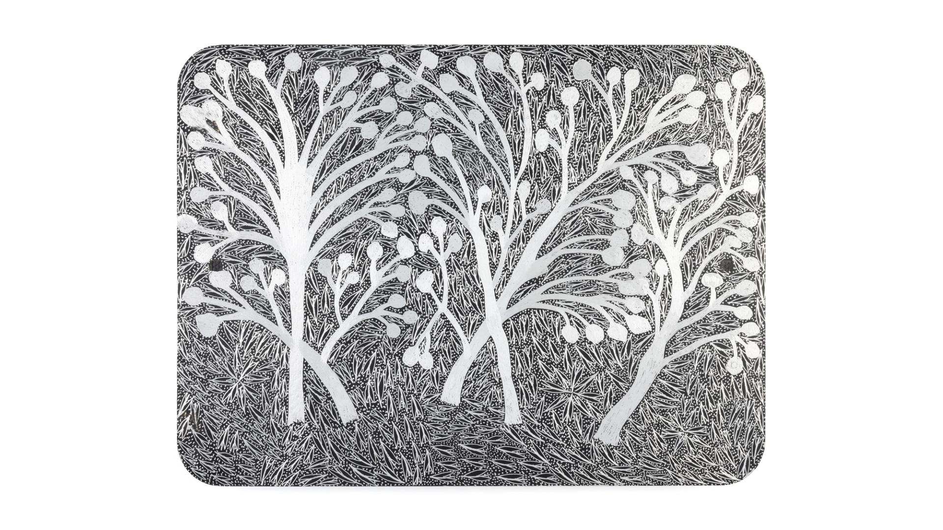 Etchings of dotted and hatched patterns, using dremel onto a found aluminium road sign. There are white trees with multiple thin branches and circles at the end of each branch.