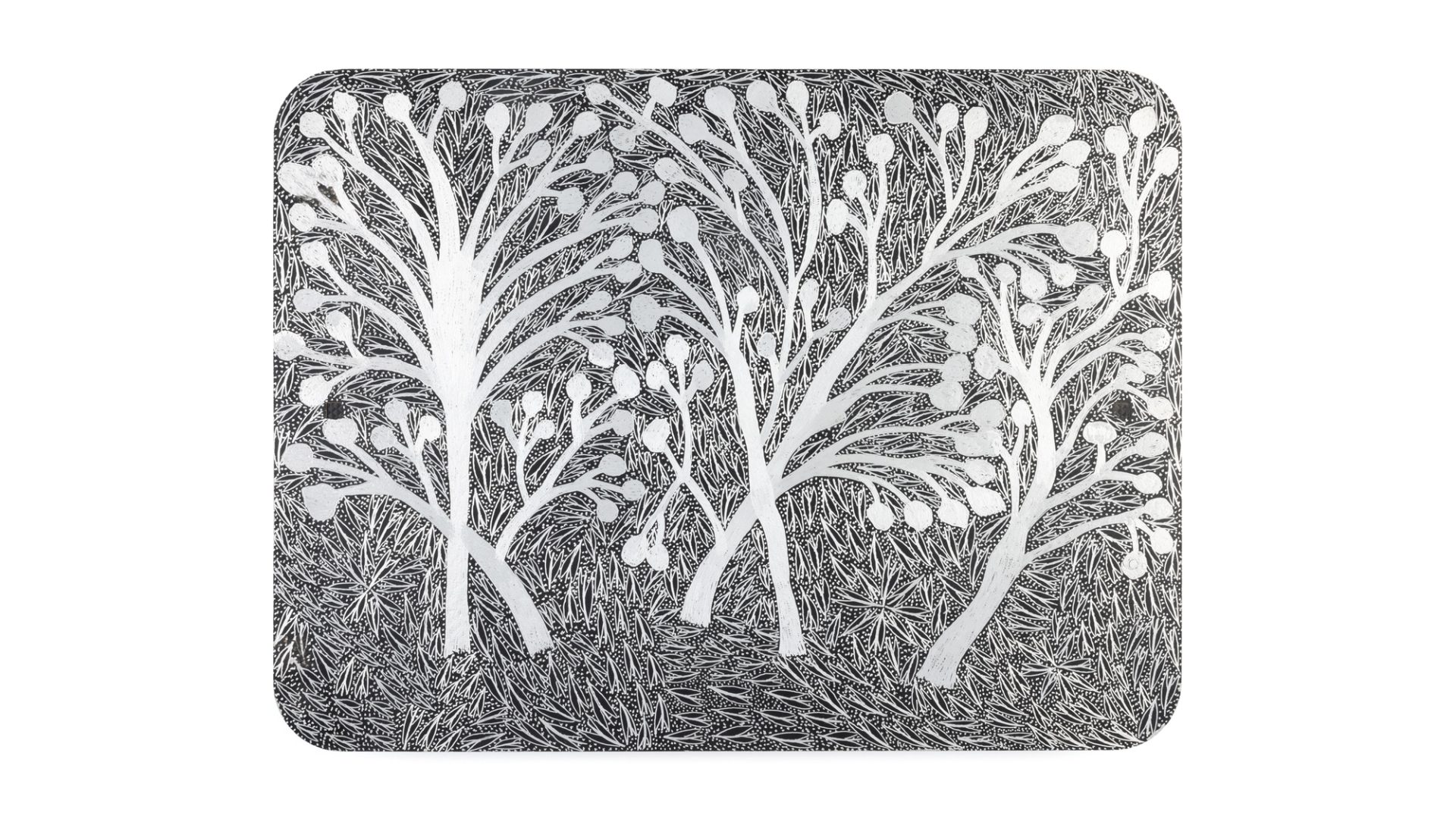 Etchings of dotted and hatched patterns, using dremel onto a found aluminium road sign. There are white trees with multiple thin branches and circles at the end of each branch.
