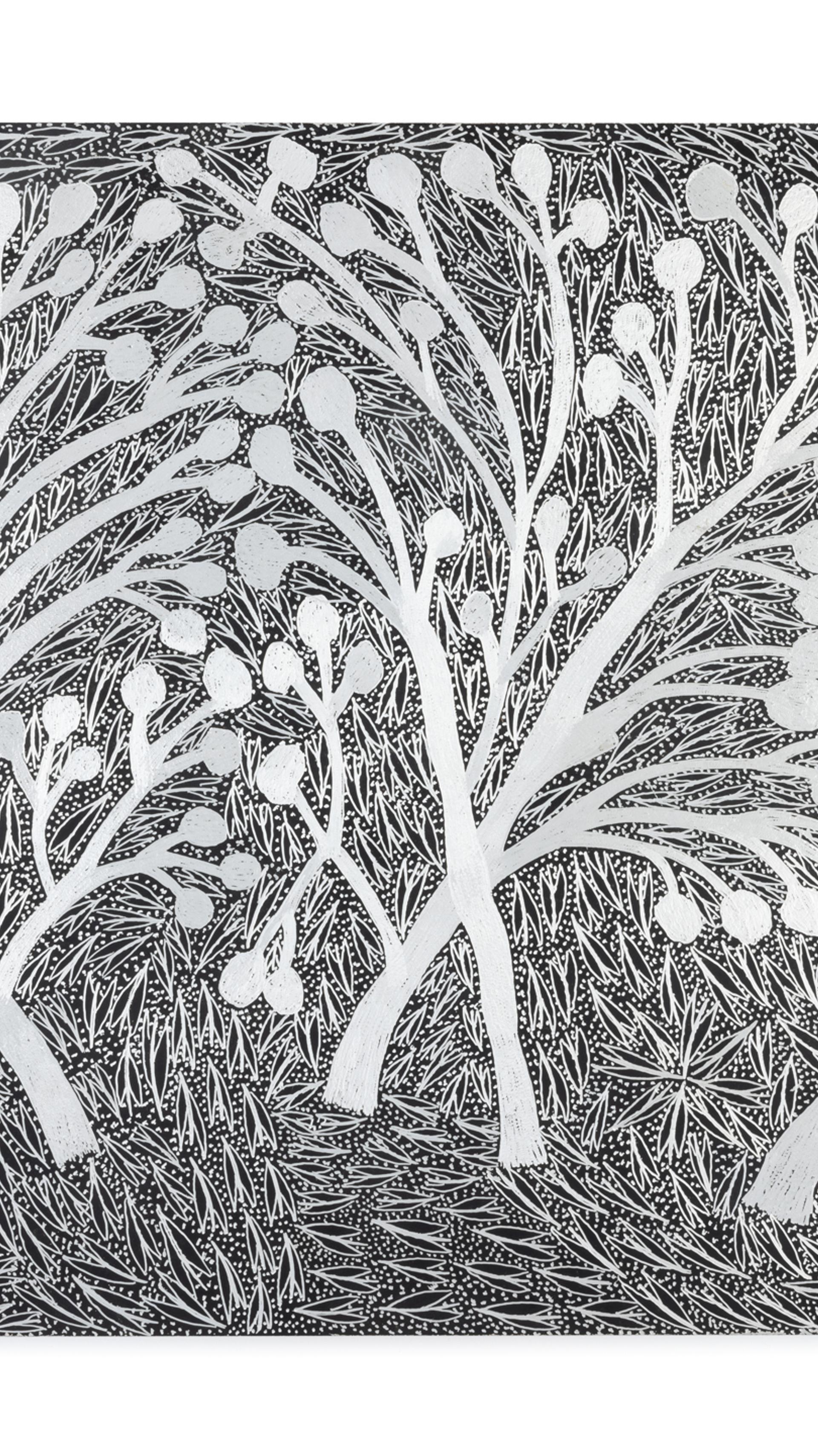 Etchings of dotted and hatched patterns, using dremel onto a found aluminium road sign. There are white trees with multiple thin branches and circles at the end of each branch.