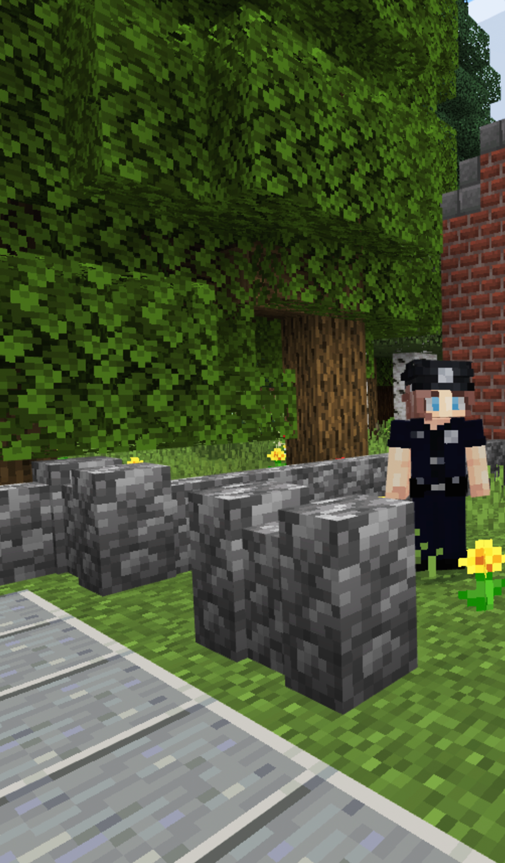 Three Minecraft characters stand in an animated world on the grass around a campfire, with a brick wall behind.